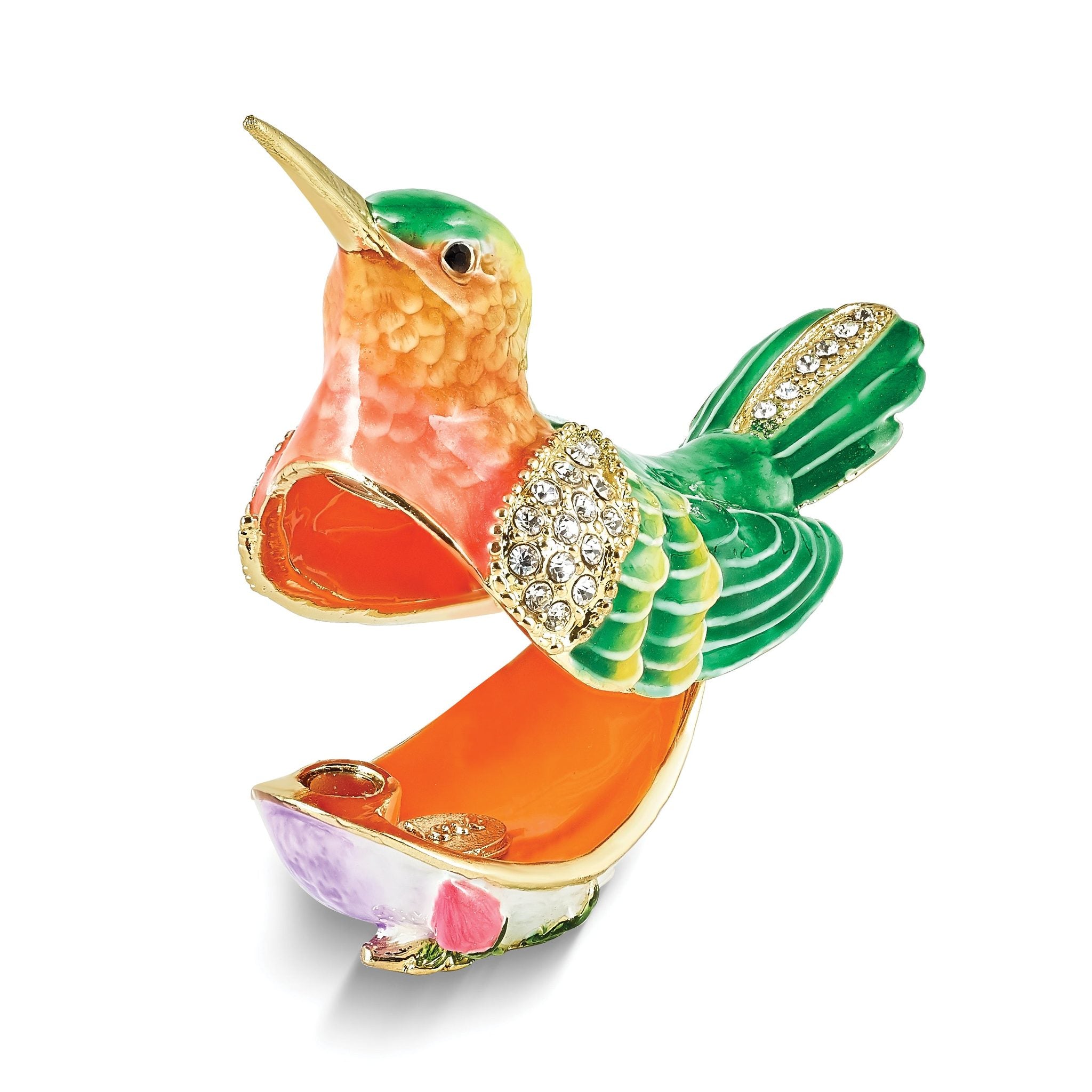 Hummingbird Trinket Box & Necklace Set in Gold-Tone Pewter