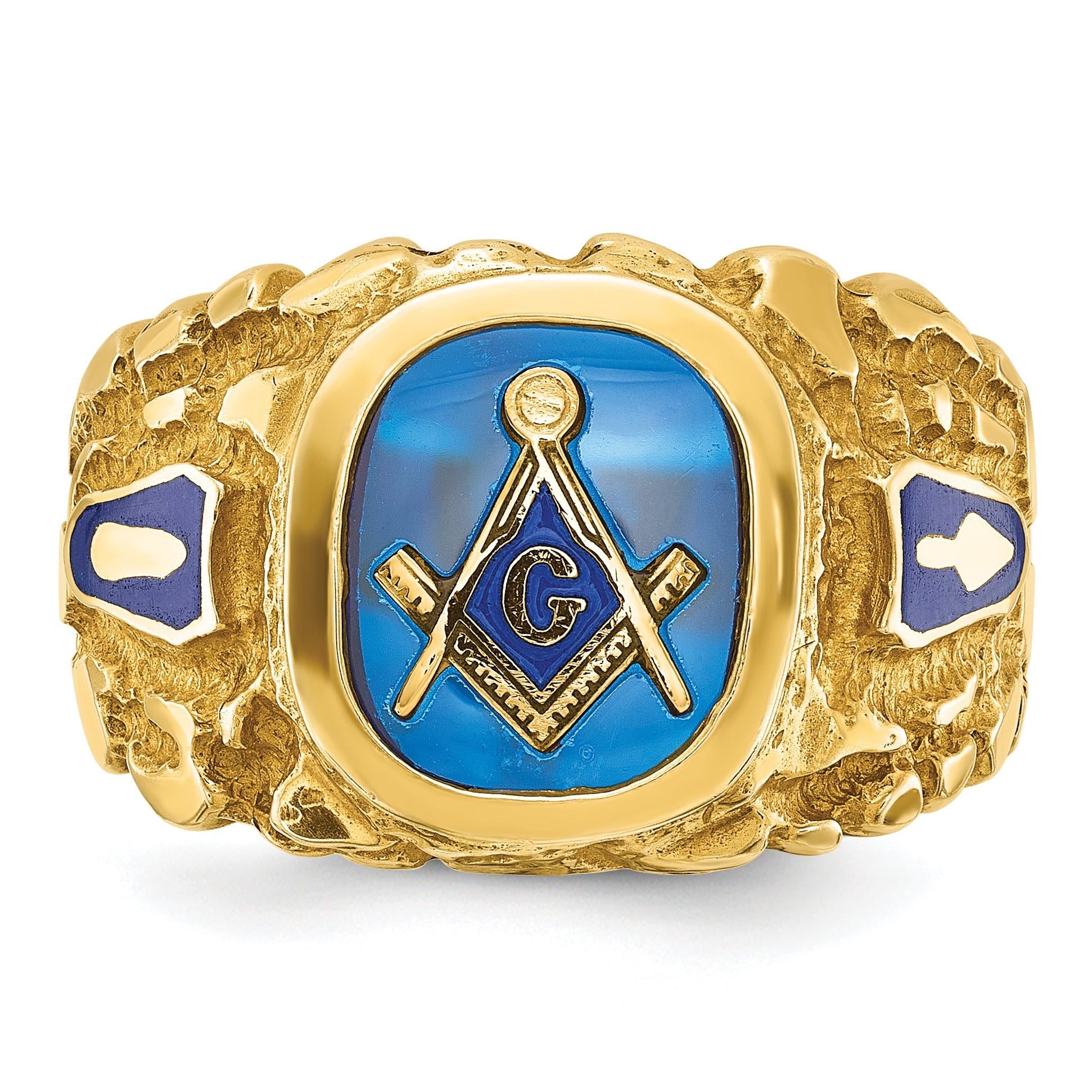 10k Men's Polished and Nugget Textured with Blue Enamel and Lab Created Sapphire Blue Lodge Master M