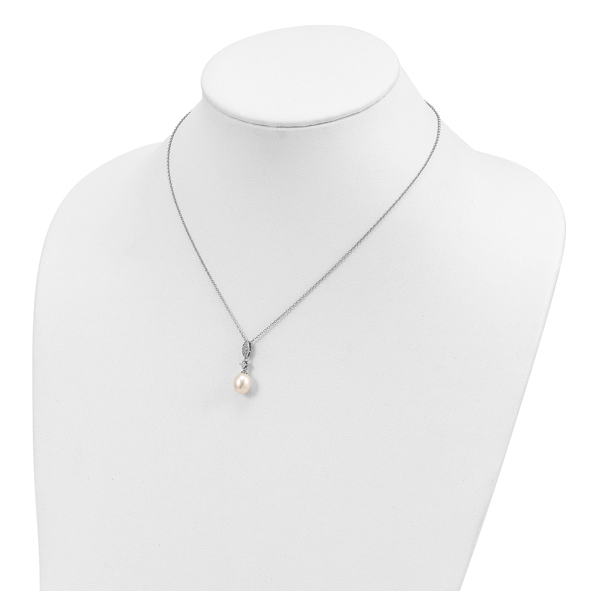 Sterling Silver Rhodium-plated 8-9mm White Teardrop Freshwater Cultured Pearl and CZ 17 inch Necklace and Post Dangle Earrings Set
