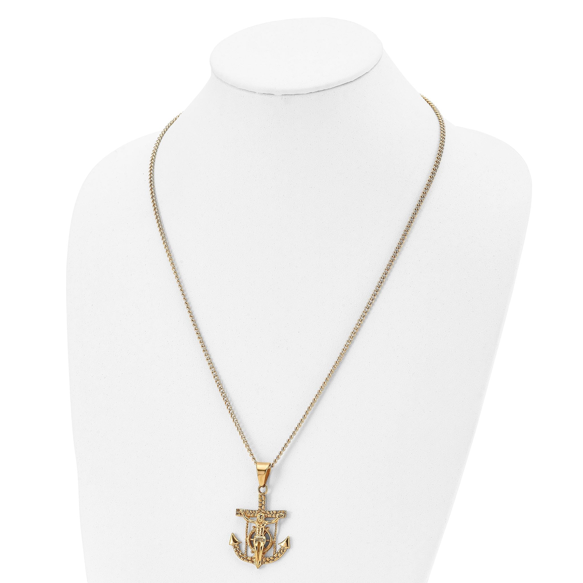 Chisel Stainless Steel Polished and Textured Yellow IP-plated Mariner's Cross Pendant on a 24 inch Curb Chain Necklace Secondary image