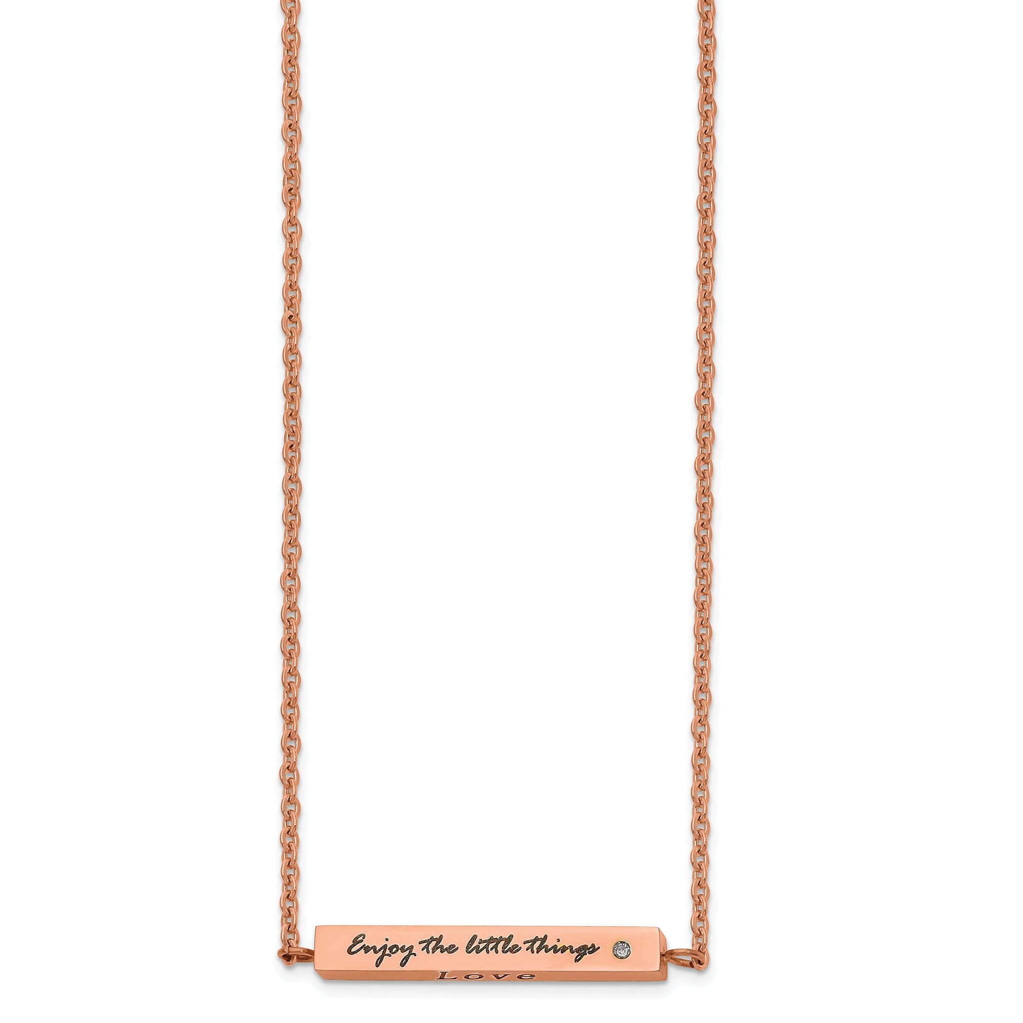 Chisel Stainless Steel Polished Rose IP-plated Enameled CZ ENJOY THE LITTLE THINGS Bar on a 16 inch Cable Chain with a 2 inch Extension Necklace Main image