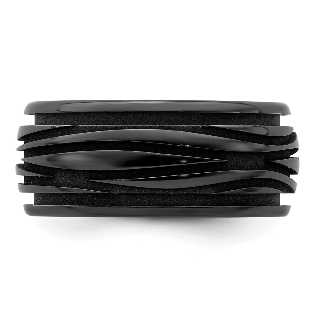 Grooved Waves Wedding Band in Black Titanium, 10mm