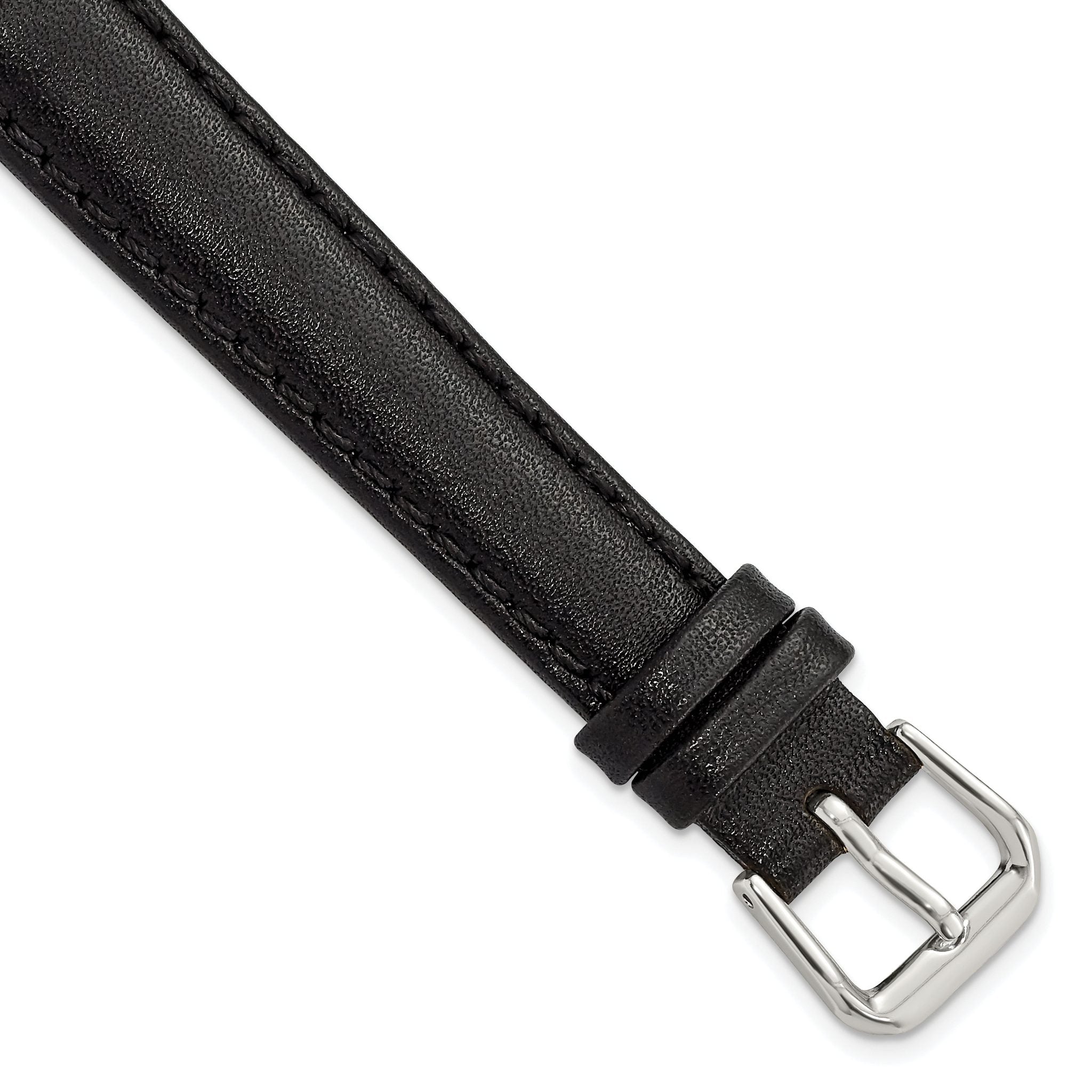 Long Smooth Leather Watch Band in Black with Silver-Tone Buckle, 16mm