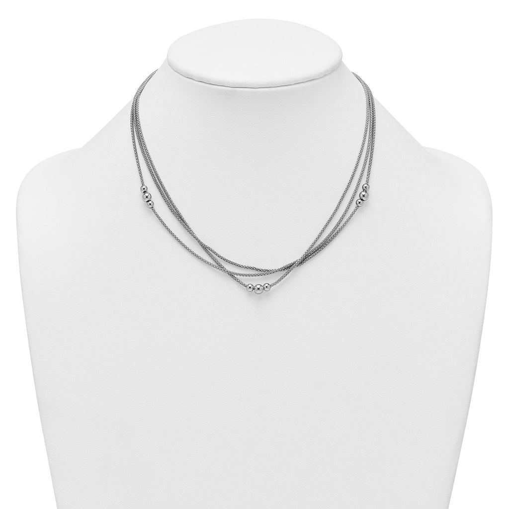 Sterling Silver Rhodium-plated Beaded Triple Strand Mesh 17 inch with 1 inch Extension Necklace