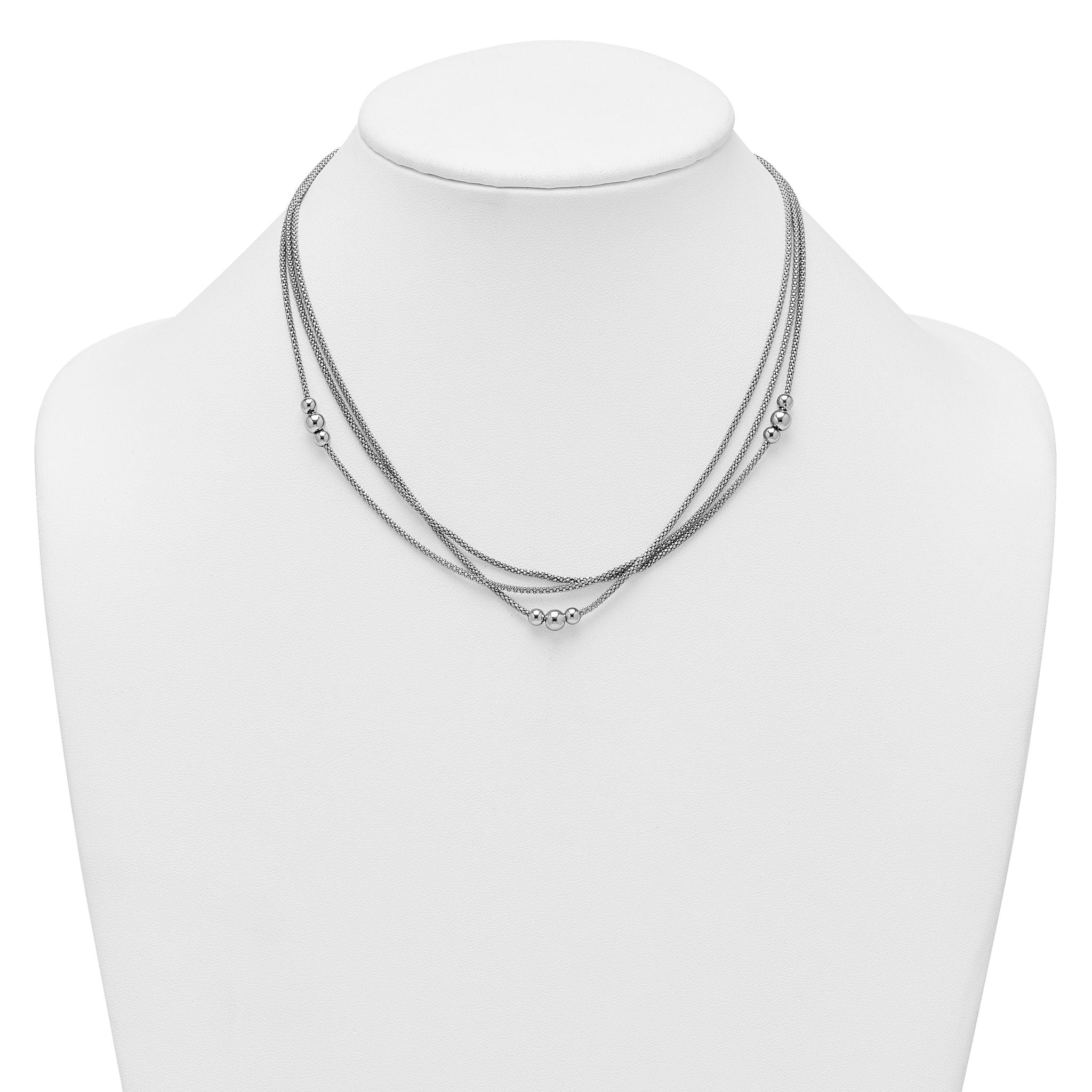 Sterling Silver Rhodium-plated Beaded Triple Strand Mesh 17 inch with 1 inch Extension Necklace