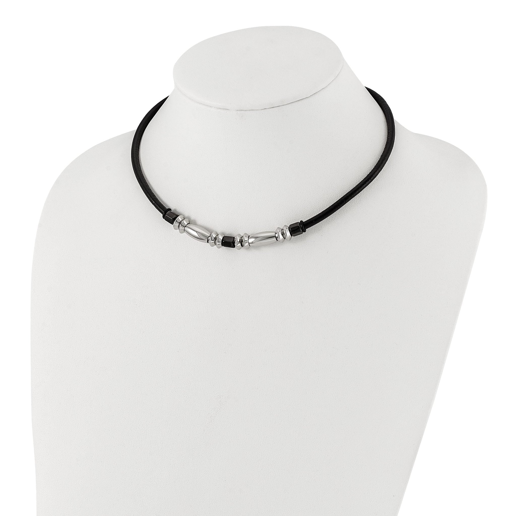 Stainless Steel Polished & Hematite Beads Leather Cord Necklace Secondary image