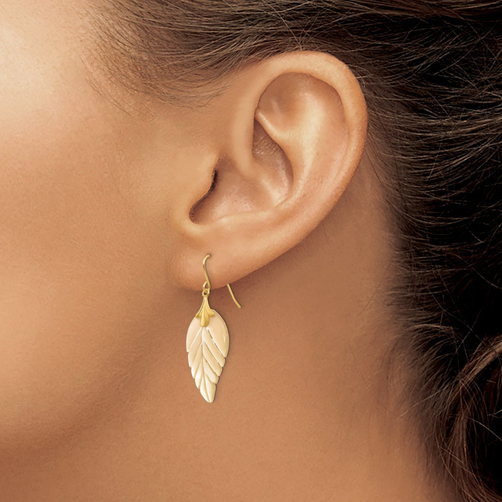 Mother of Pearl Leaf Dangle Earrings in 14K Yellow Gold