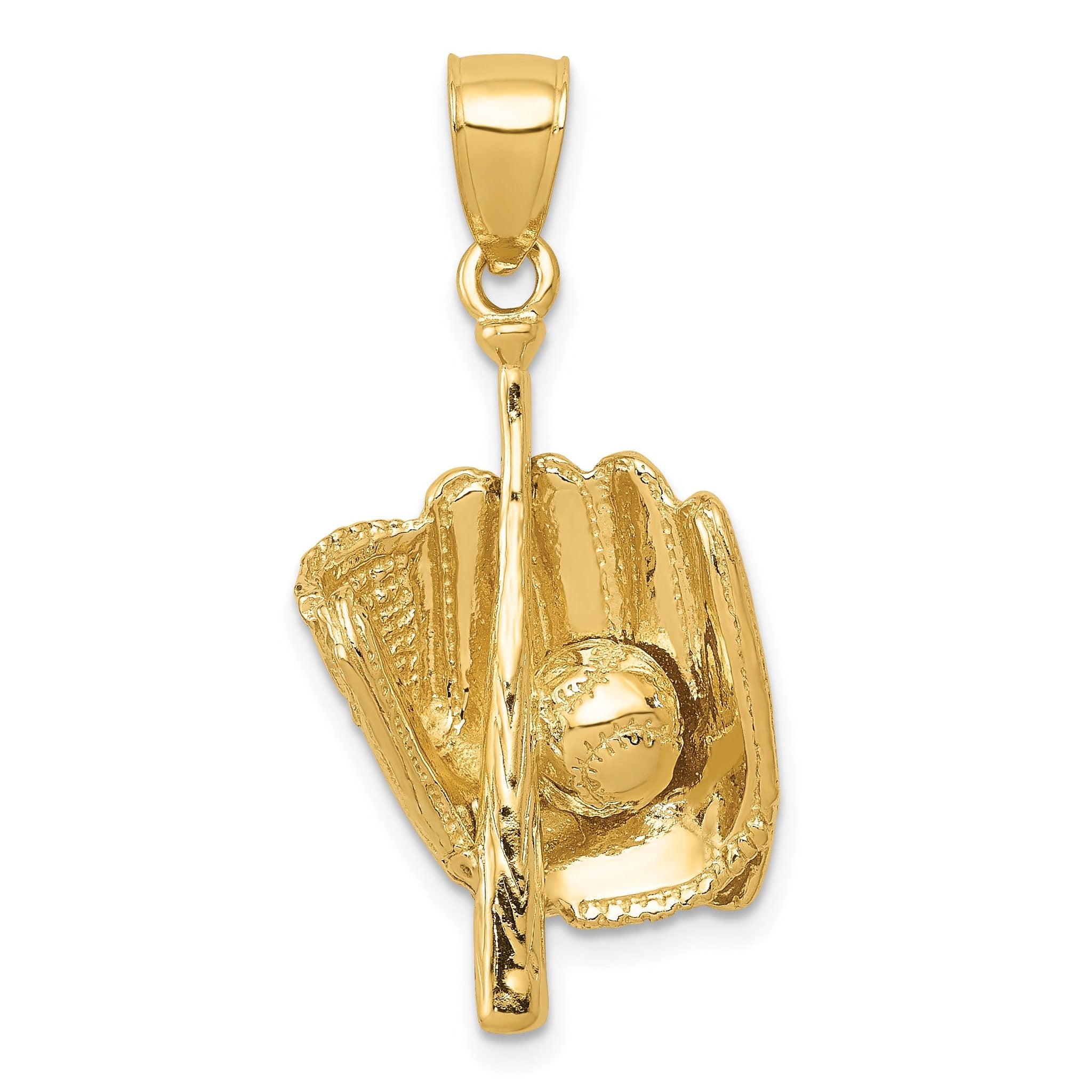14K Gold 3D Glove, Bat, and Baseball Pendant for Men  Polished Finish