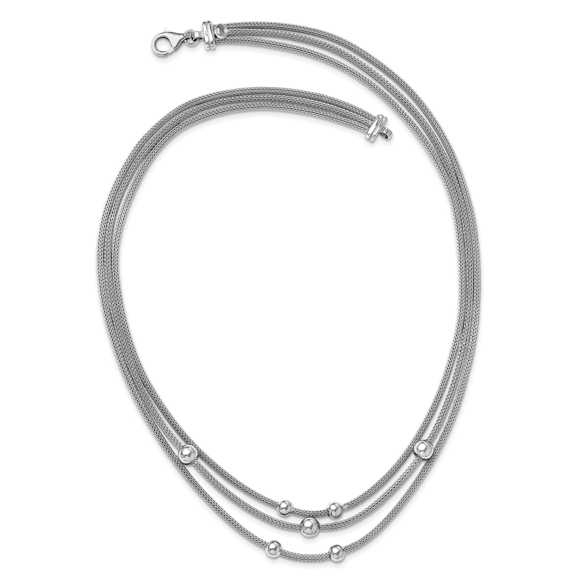 Sterling Silver RH-plated Polished Beaded Mesh Necklace
