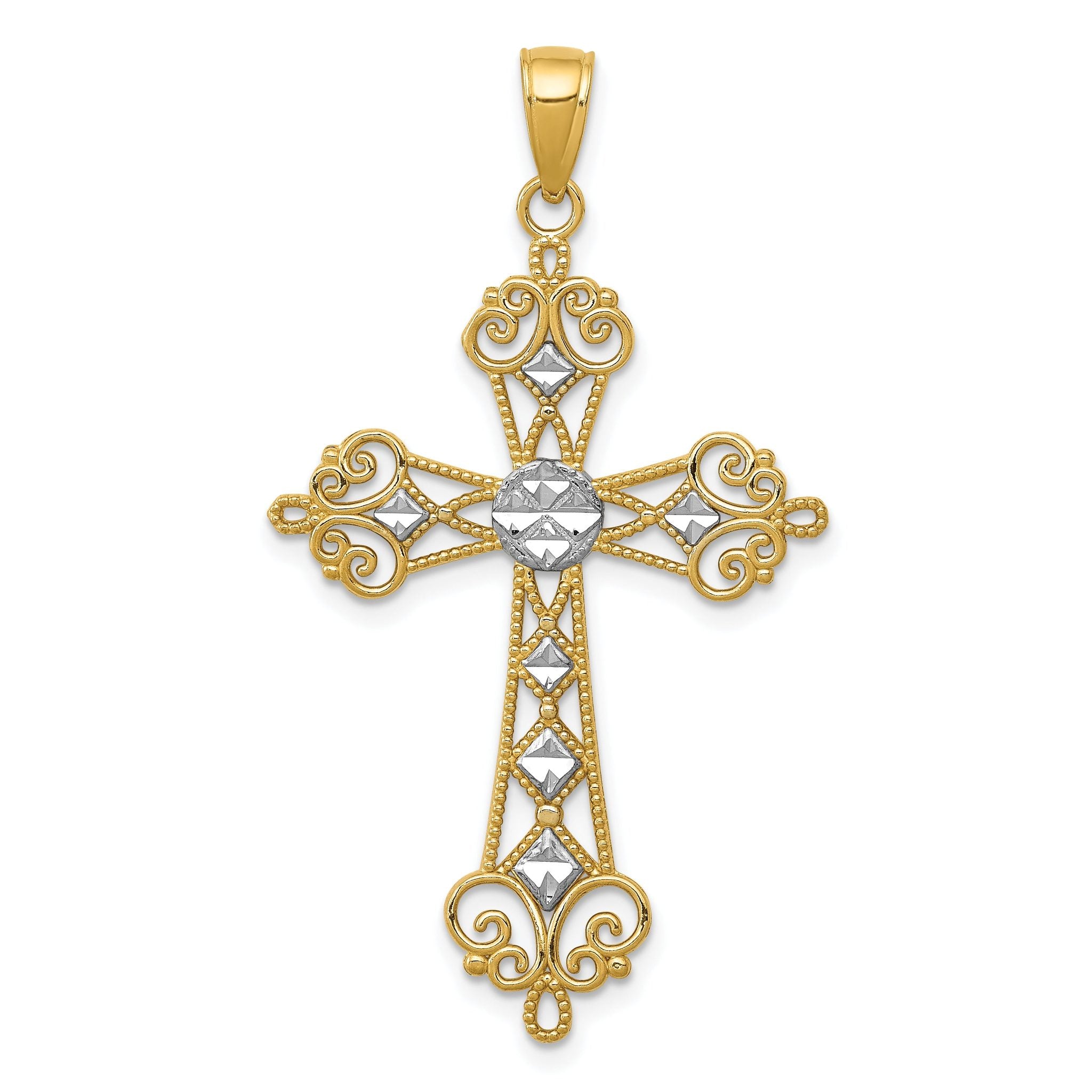 14K Gold Rhodium-Plated Diamond-Cut Cross Pendant Polished & Elegant Design