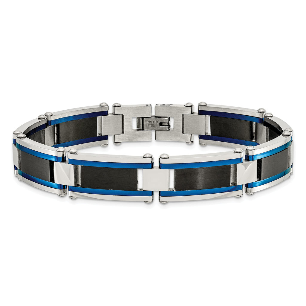 Stainless Steel Brushed and Polished Black and Blue IP-plated Link Bracelet for Men