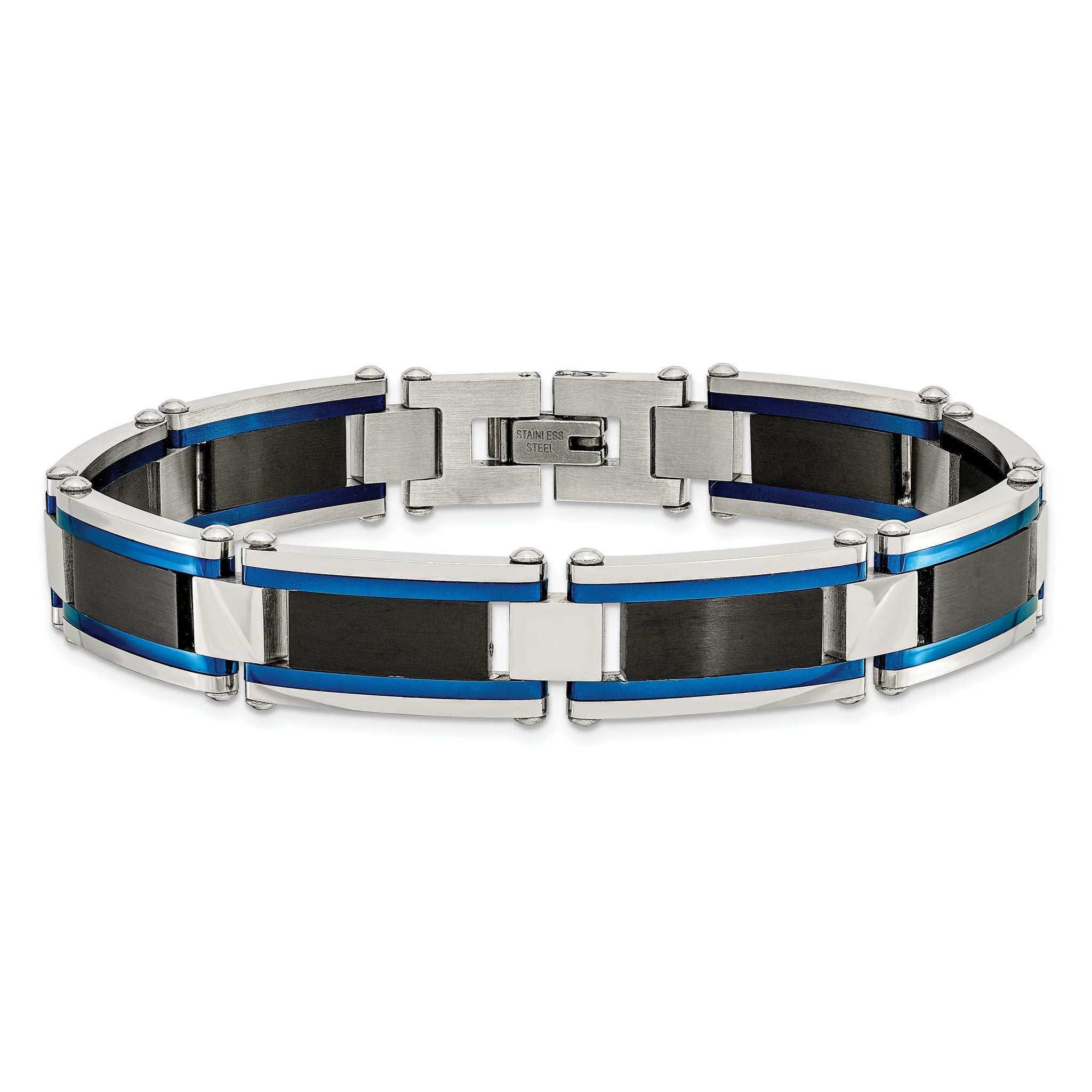 Stainless Steel Brushed and Polished Black and Blue IP-plated Link Bracelet for Men