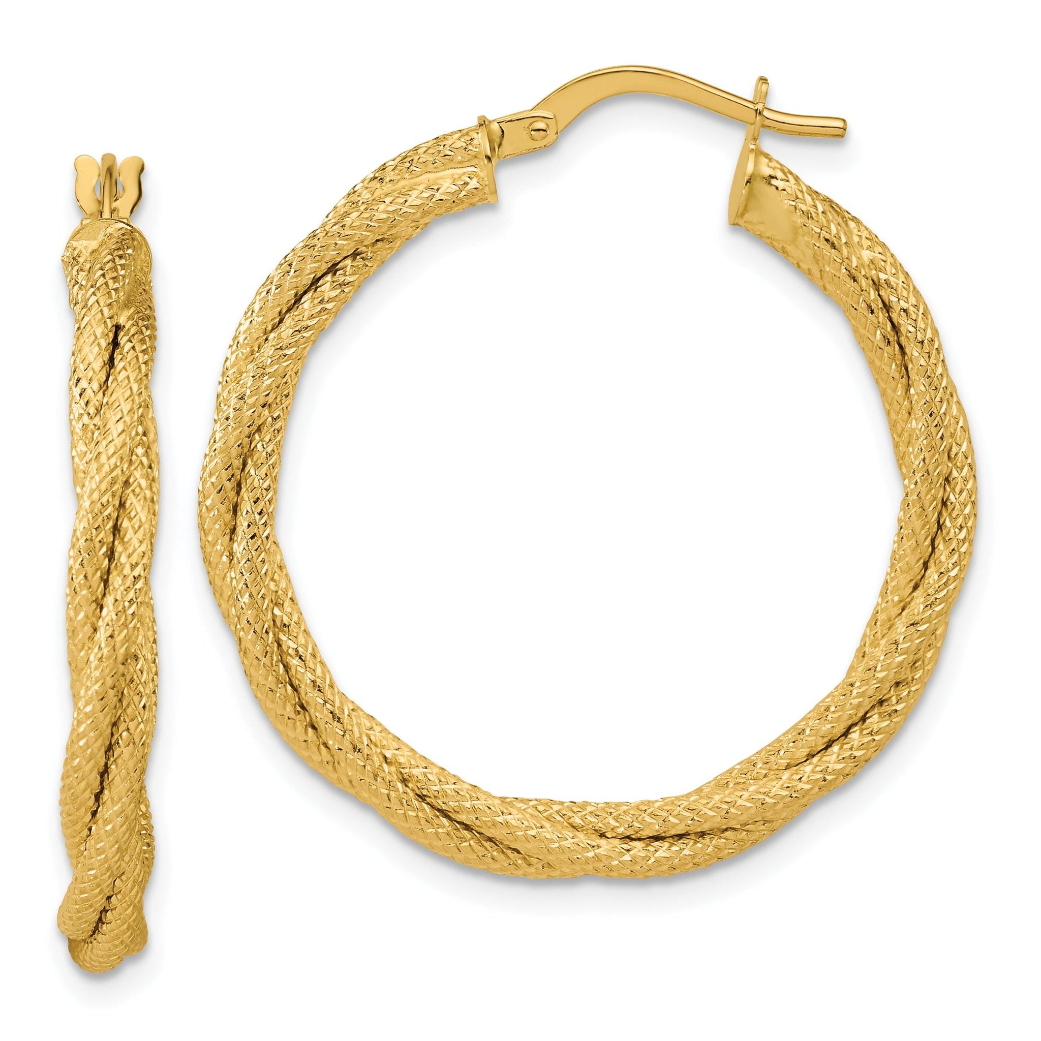 14K Polished and Textured Twisted Round Hoop Earrings Main image
