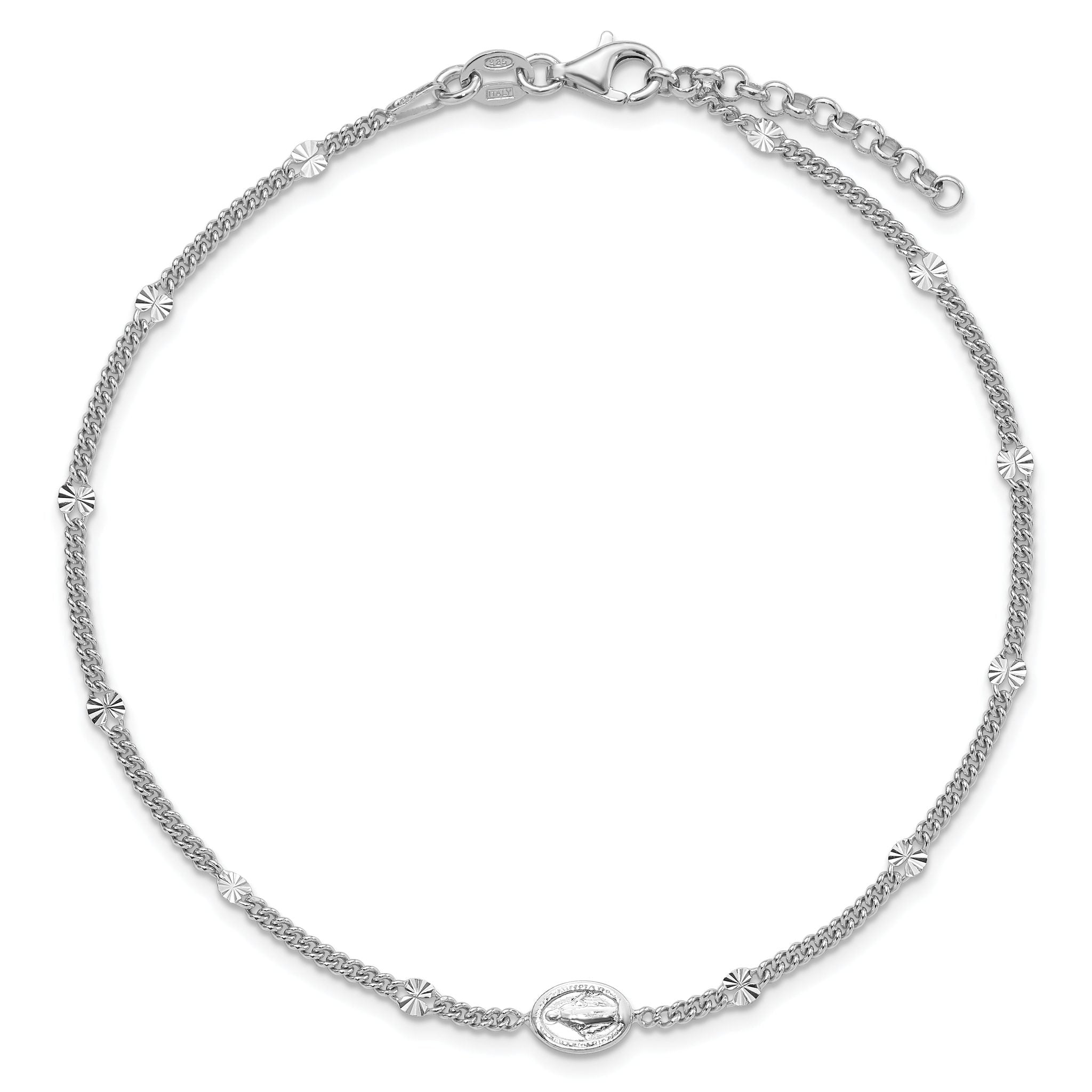 Sterling Silver Rhodium-plated Miraculous Medal 9 inch Plus 1 inch Extender - Total 10 inch Anklet