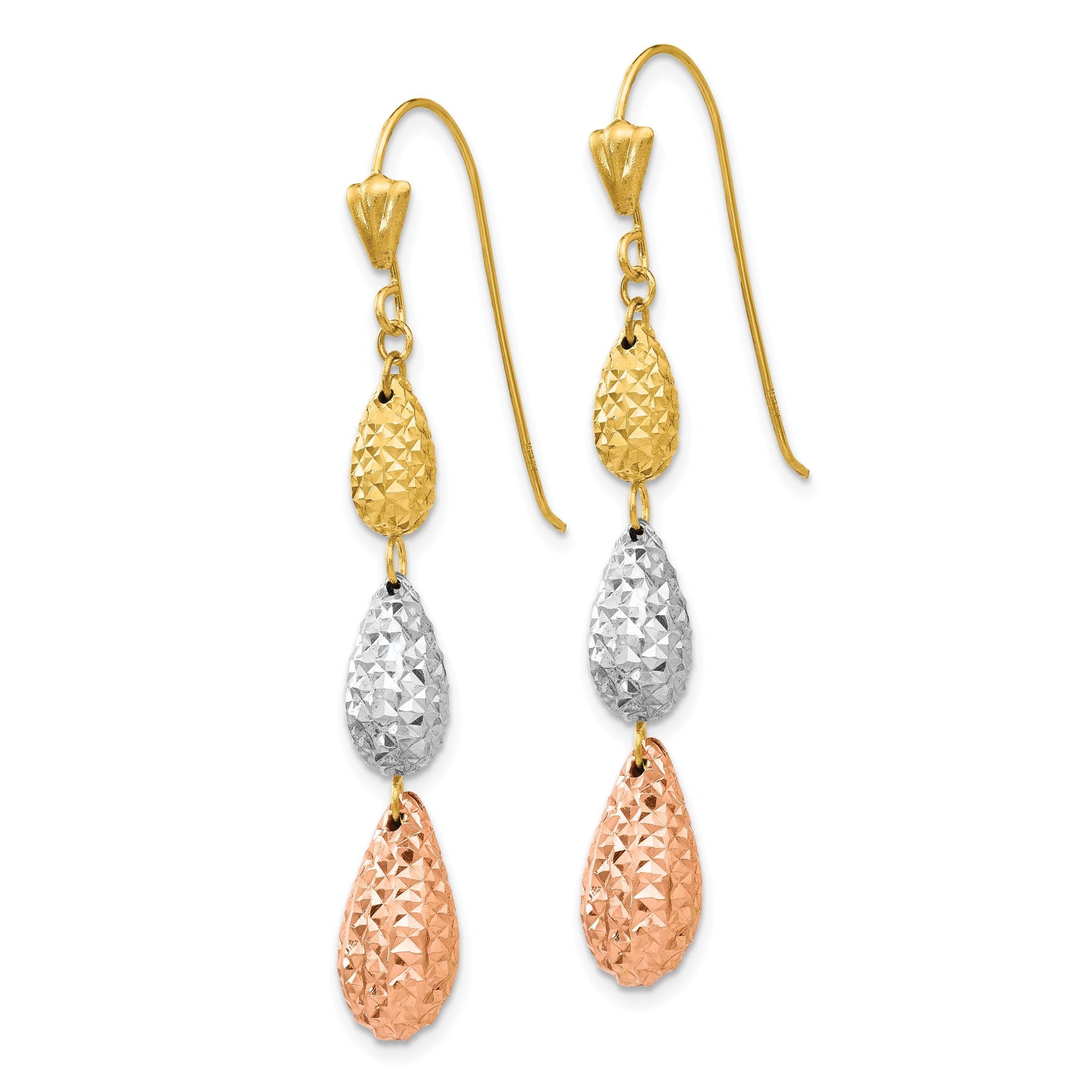 14k Tri-color Puff Diamond-cut Teardrop Dangle Earrings Secondary image