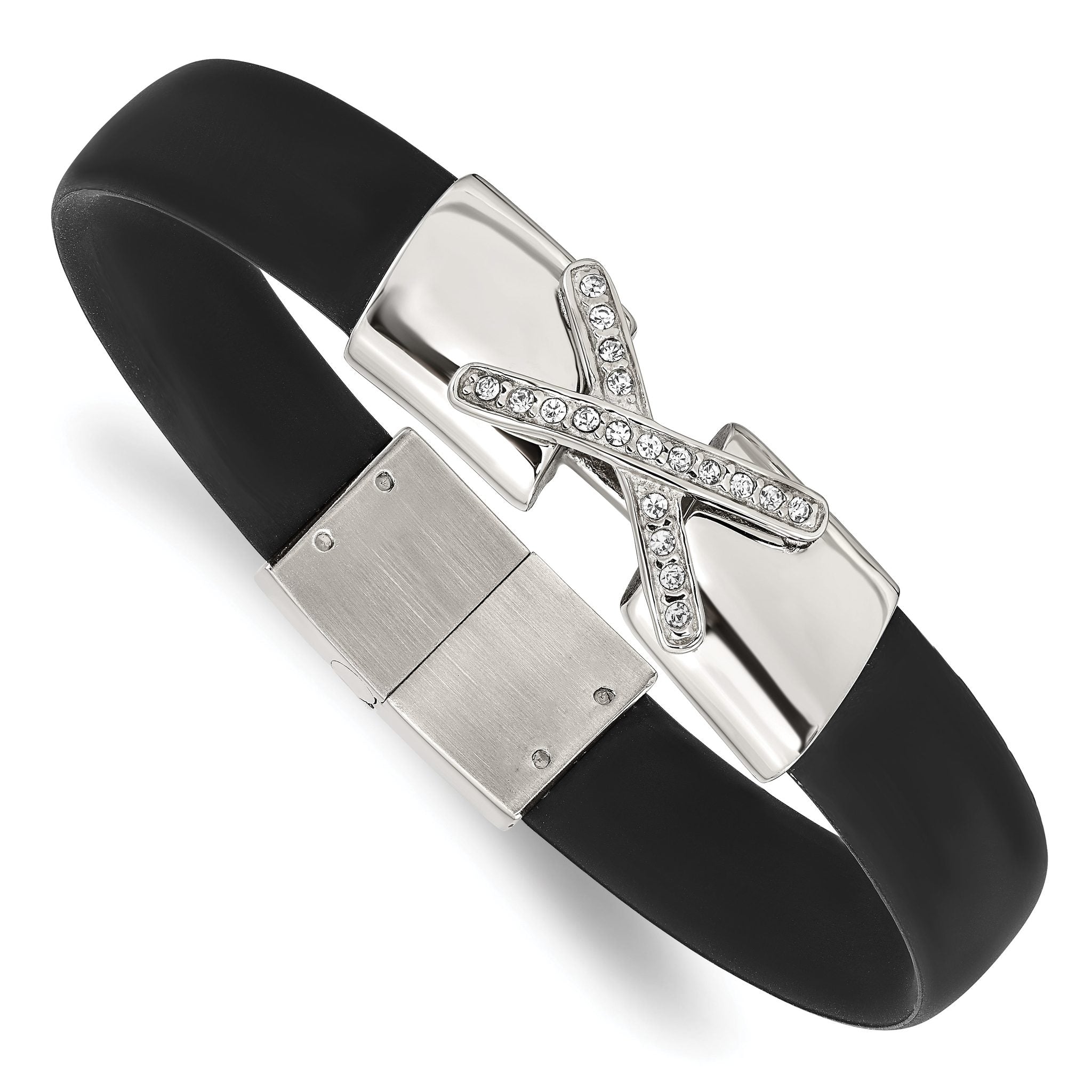 Stainless Steel Polished Black Silicone with Cubic Zirconia Bracelet Main image
