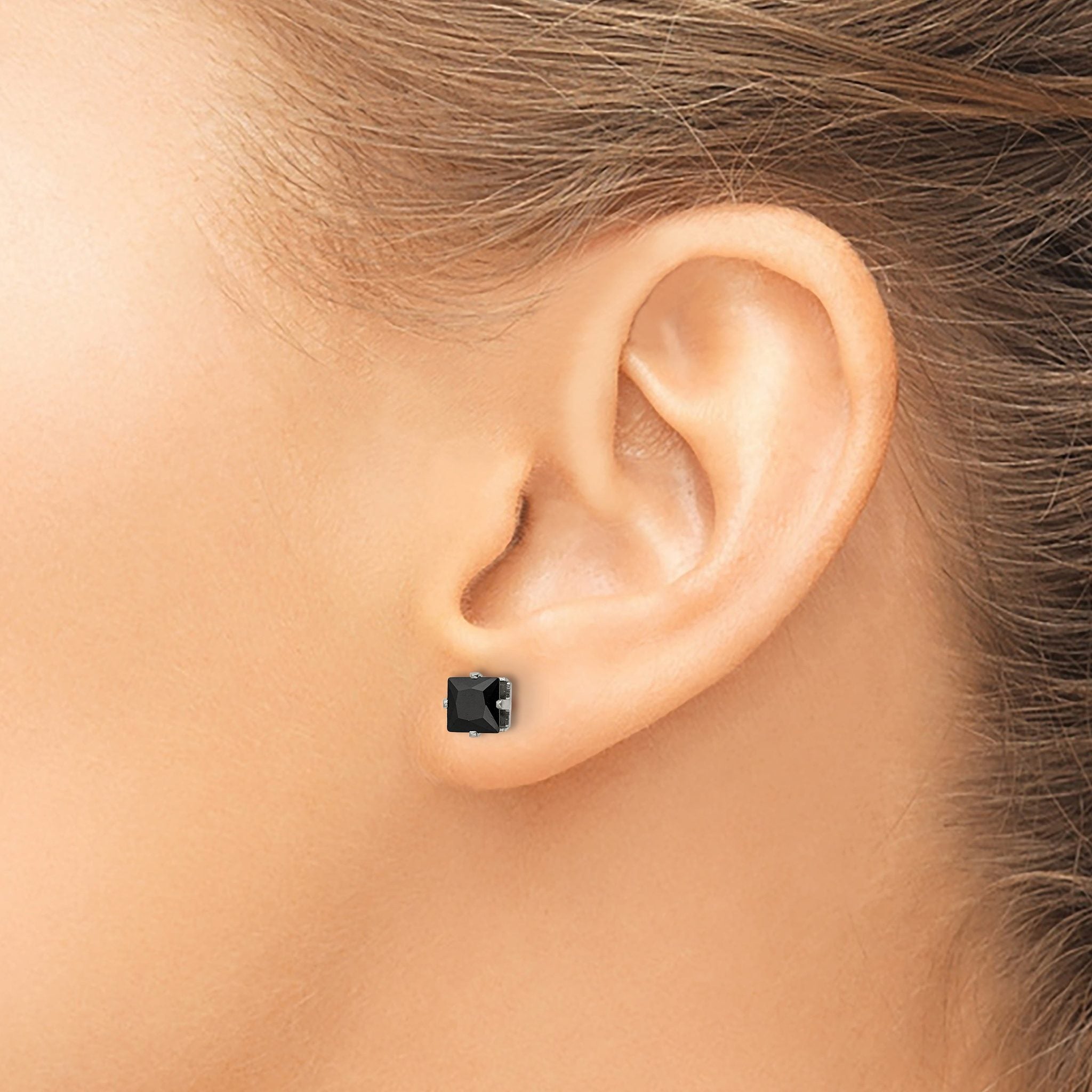 Stainless Steel Polished Square Black Cubic Zirconia Stud Earrings