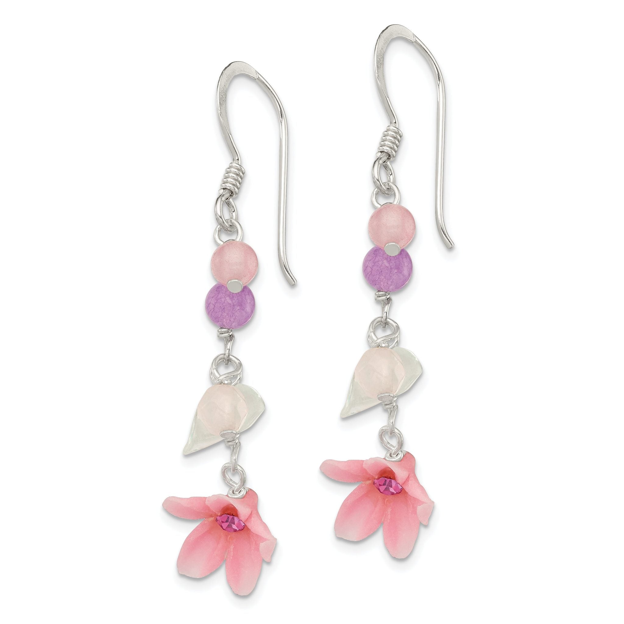 Sterling Silver Polished Amethyst, Agate, Blue Topaz, Pink CZ & Resin Flower Dangle Earrings Secondary image