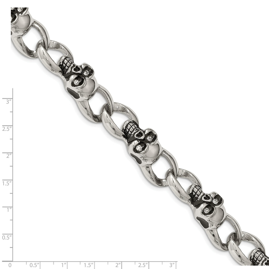 Stainless Steel Antiqued and Polished with Cubic Zirconia Skull Link Bracelet for Men