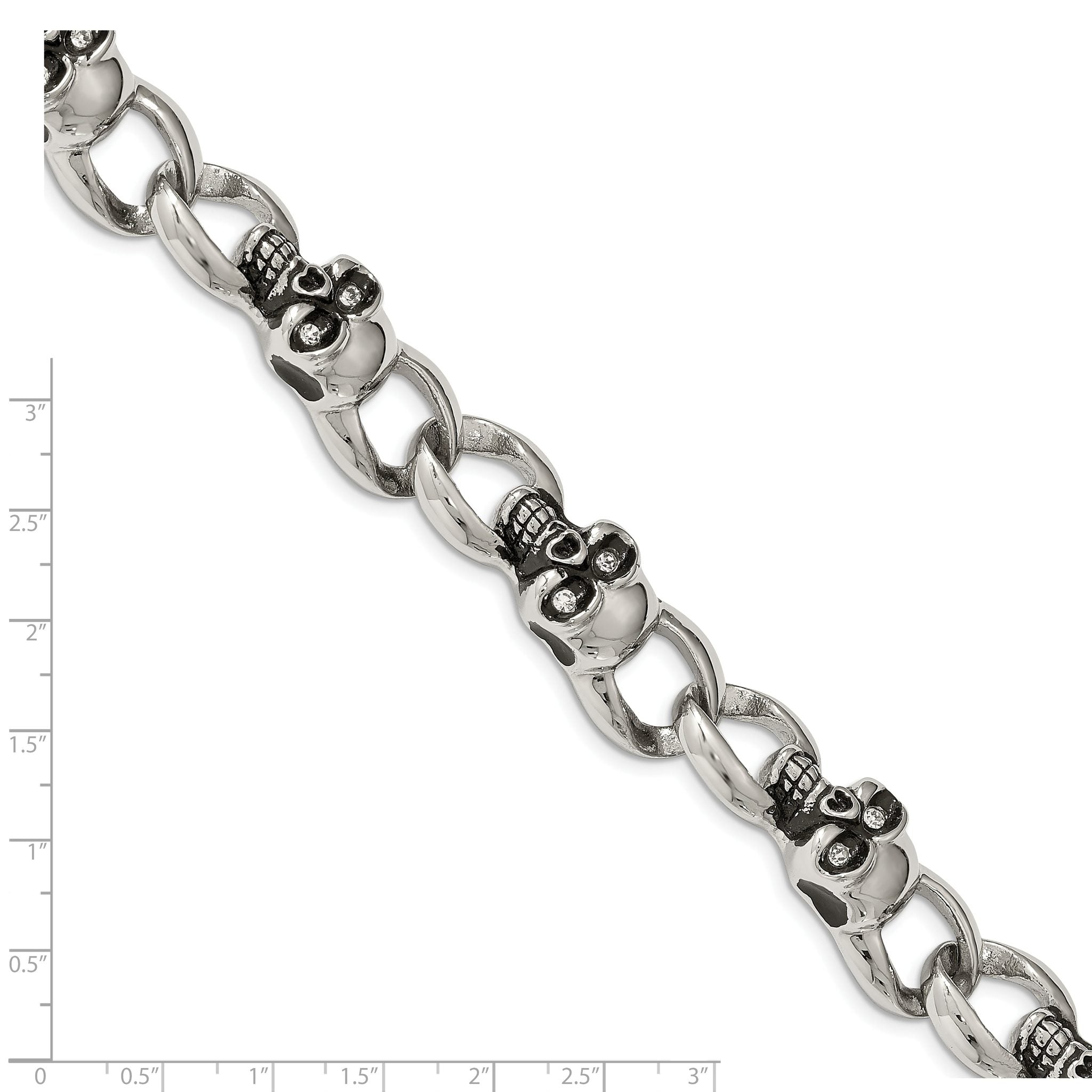 Stainless Steel Antiqued and Polished with Cubic Zirconia Skull Link Bracelet for Men