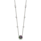 Sterling Silver RH-plated Dark Mystic CZ Halo Pendant on 10-Station Necklac