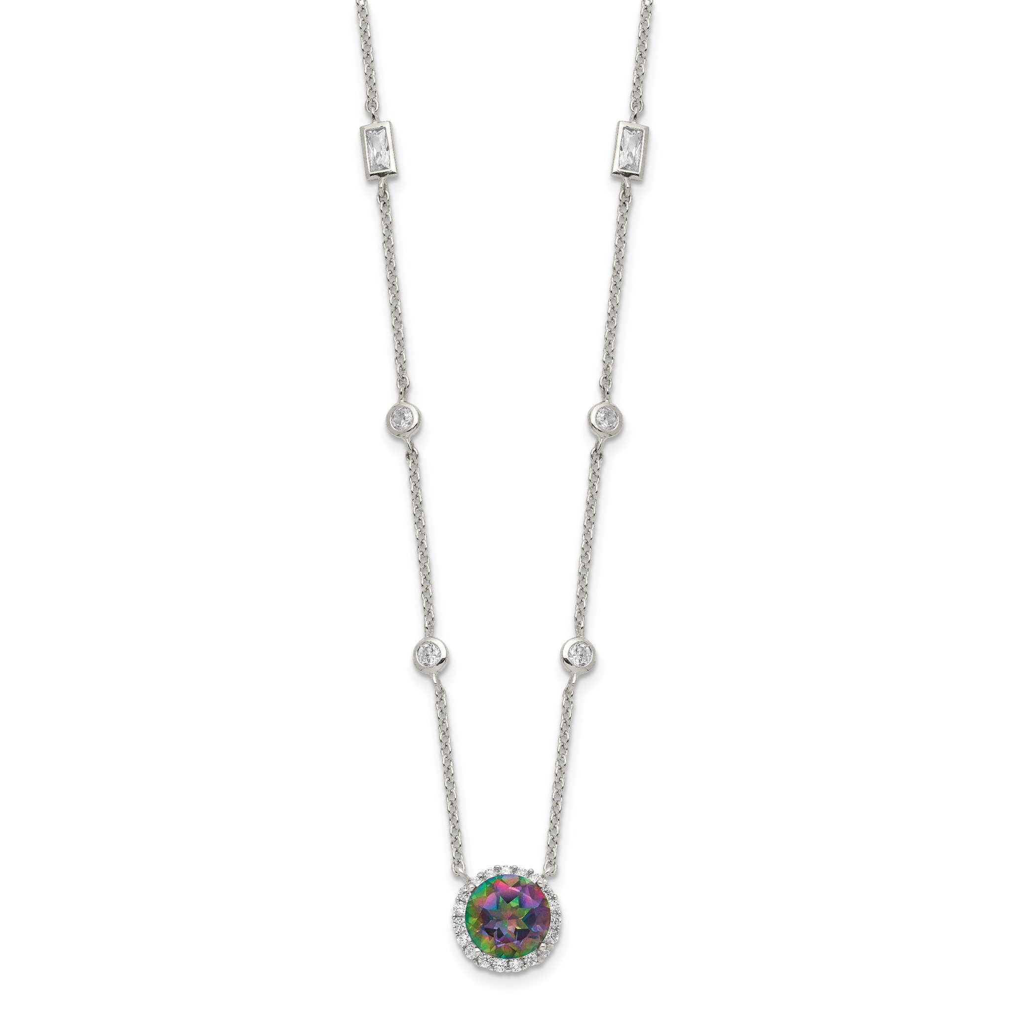 Sterling Silver RH-plated Dark Mystic CZ Halo Pendant on 10-Station Necklac