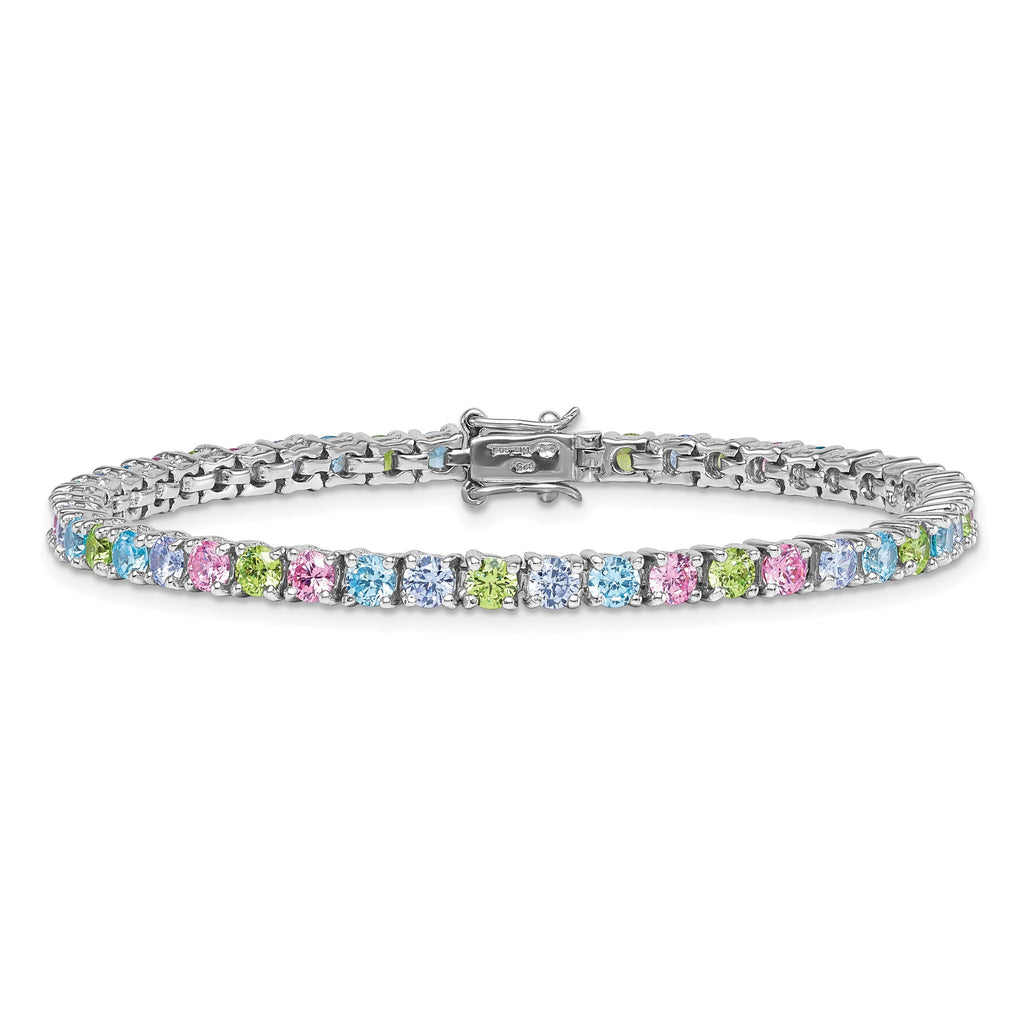 Sterling Silver Rhodium-plated Polished Pastel Green, Pink, Blue and Purple CZ 7.25 inch Bracelet