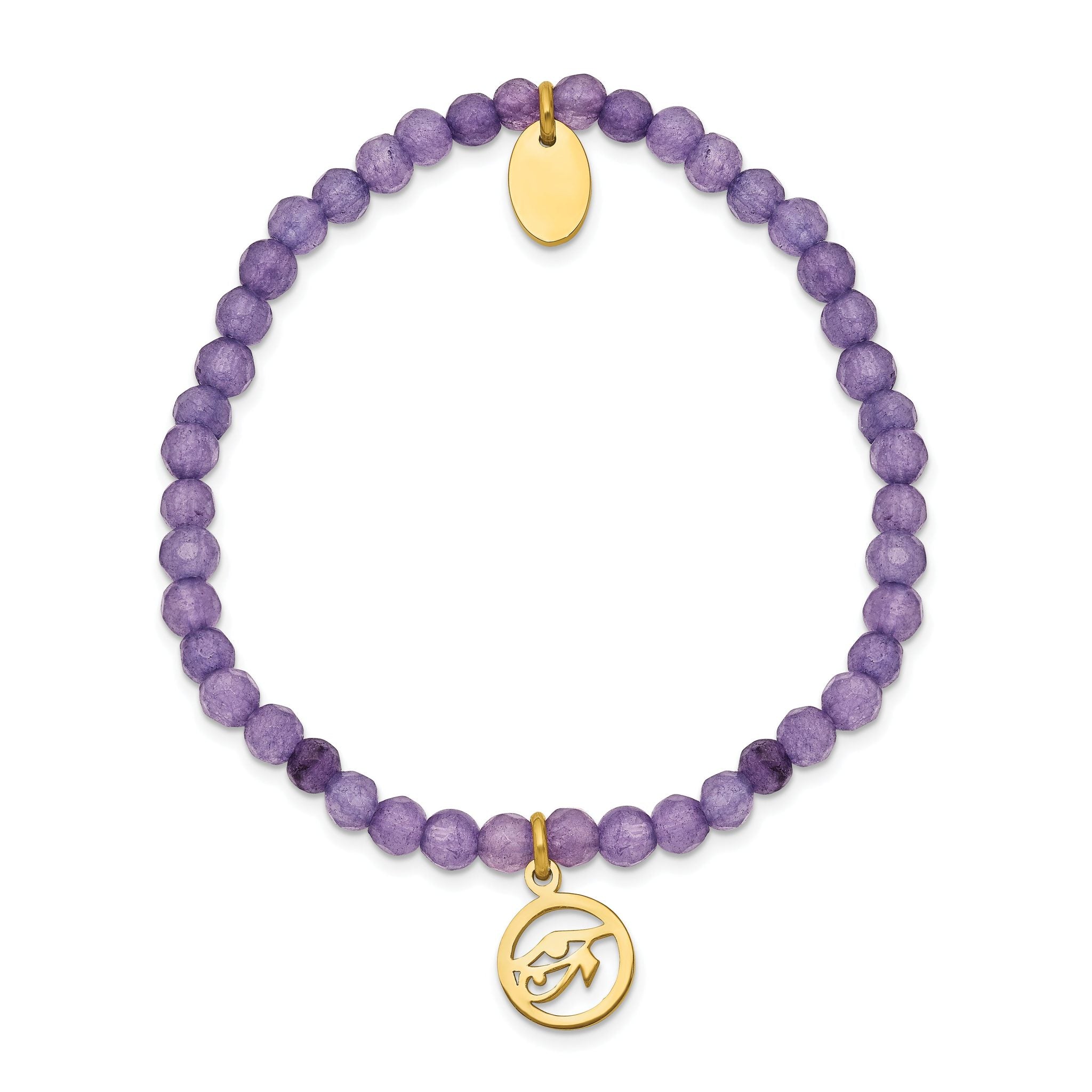 Stainless Steel Polished Yellow IP-plated Eye of Horus 4mm Purple Jade Beaded Stretch Bracelet for Women Secondary image
