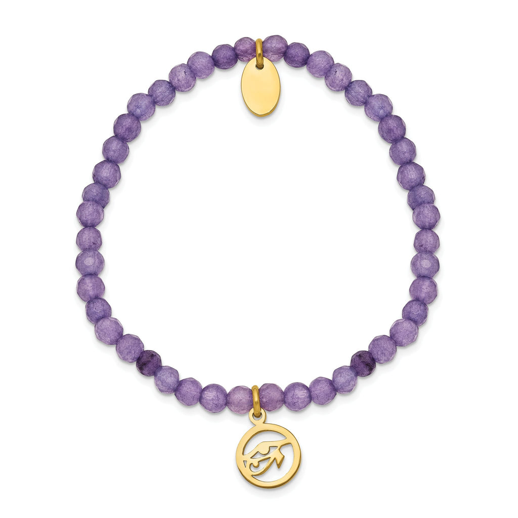 Stainless Steel Polished Yellow IP-plated Eye of Horus 4mm Purple Jade Beaded Stretch Bracelet for Women