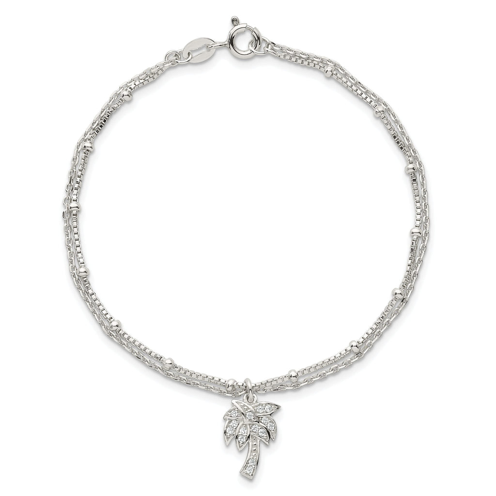 Sterling Silver Polished and Beaded White CZ Palm Tree Dangle Double Strand 7.5 inch Bracelet