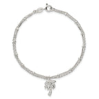Sterling Silver Polished and Beaded White CZ Palm Tree Dangle Double Strand 7.5 inch Bracelet