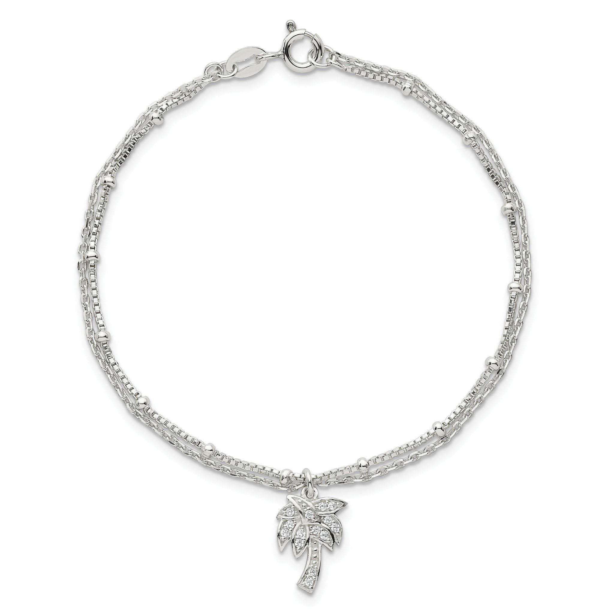 Sterling Silver Polished and Beaded White CZ Palm Tree Dangle Double Strand 7.5 inch Bracelet
