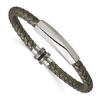Stainless Steel Antiqued and Brushed Grey Leather Bracelet