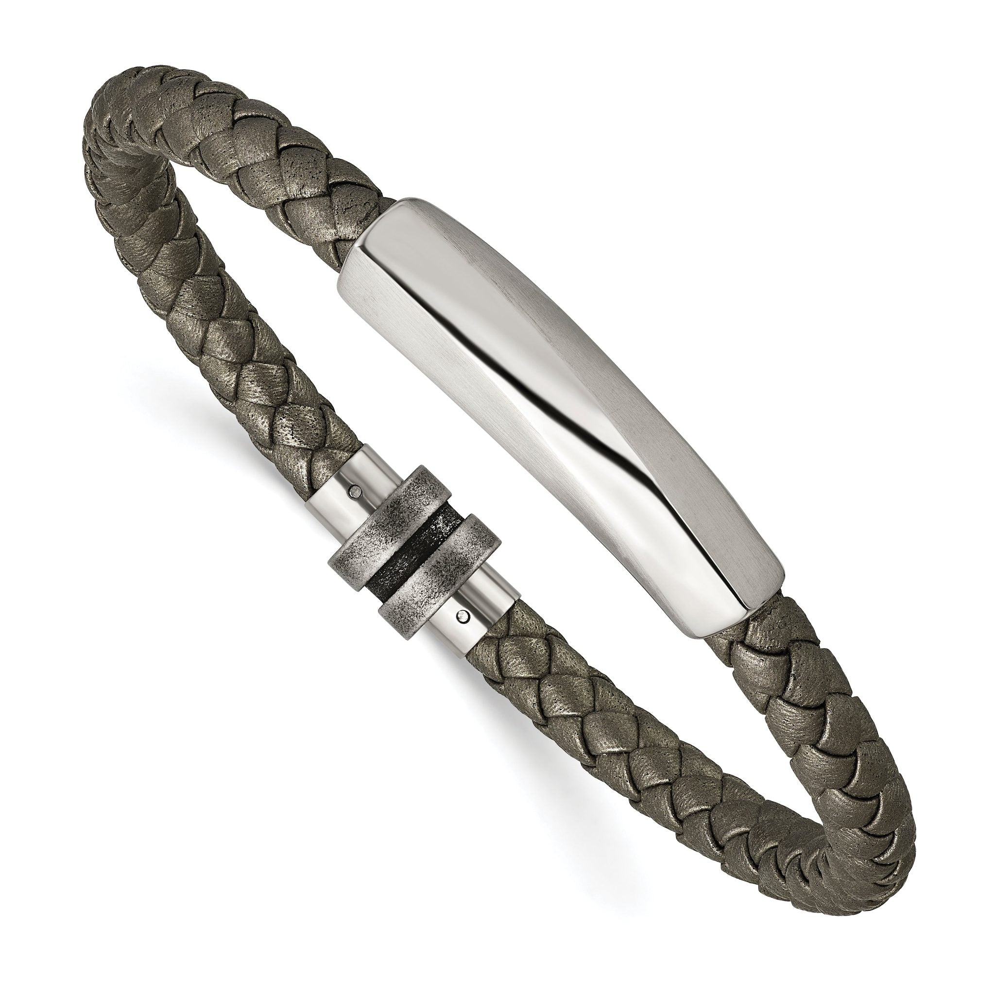 Stainless Steel Antiqued and Brushed Grey Leather Bracelet