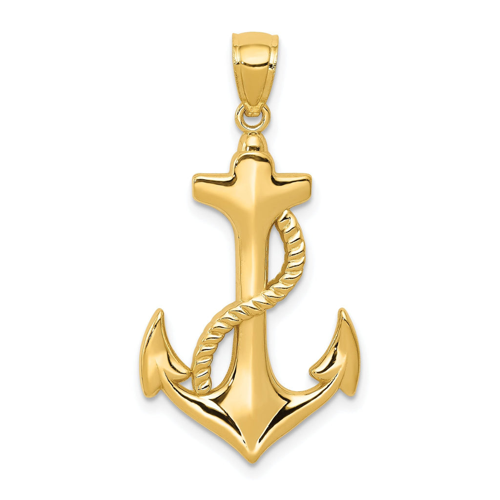 14K Gold Polished Anchor Pendant with Rope  Textured, Men's
