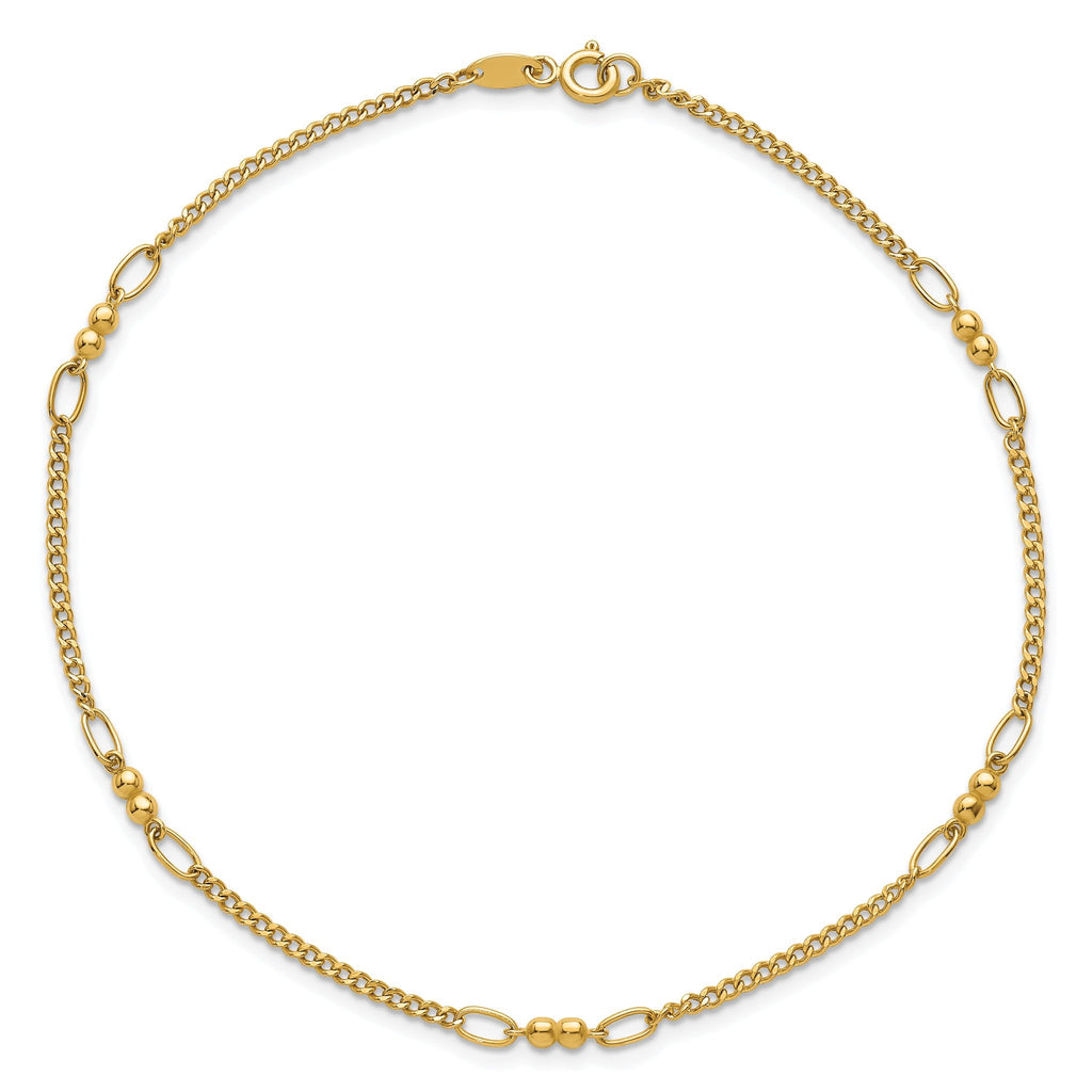 14K Polished and Diamond-cut 5-Station Beaded Mixed Link 10 inch Anklet