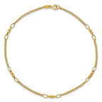 14K Polished and Diamond-cut 5-Station Beaded Mixed Link 10 inch Anklet