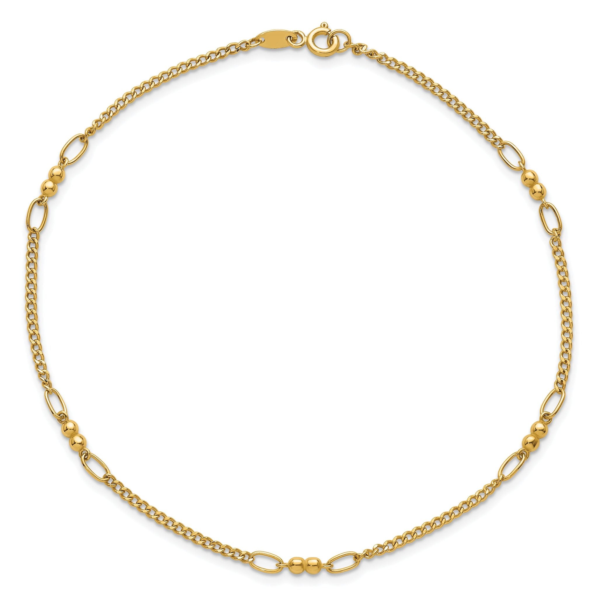 14K Polished and Diamond-cut 5-Station Beaded Mixed Link 10 inch Anklet