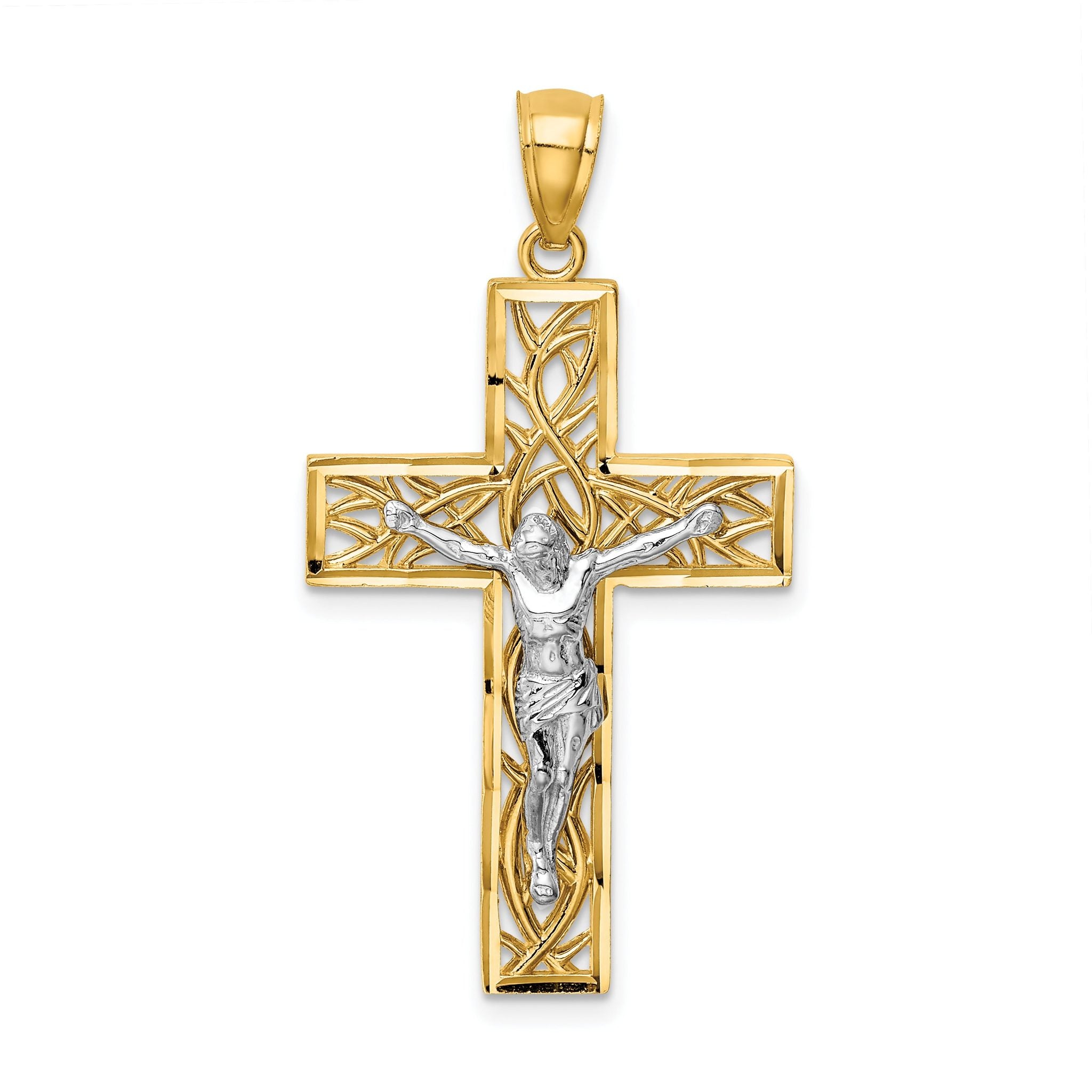 14K Two-Tone Gold Crucifix Pendant with Polished Satin Finish and Vine Detail Main image