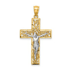 14K Two-Tone Gold Crucifix Pendant with Polished Satin Finish and Vine Detail