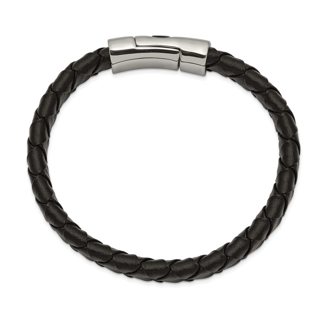 Stainless Steel Antiqued and Polished Cross Black Leather Bracelet for Men