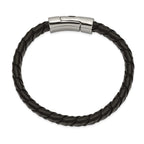 Stainless Steel Antiqued and Polished Cross Black Leather Bracelet for Men