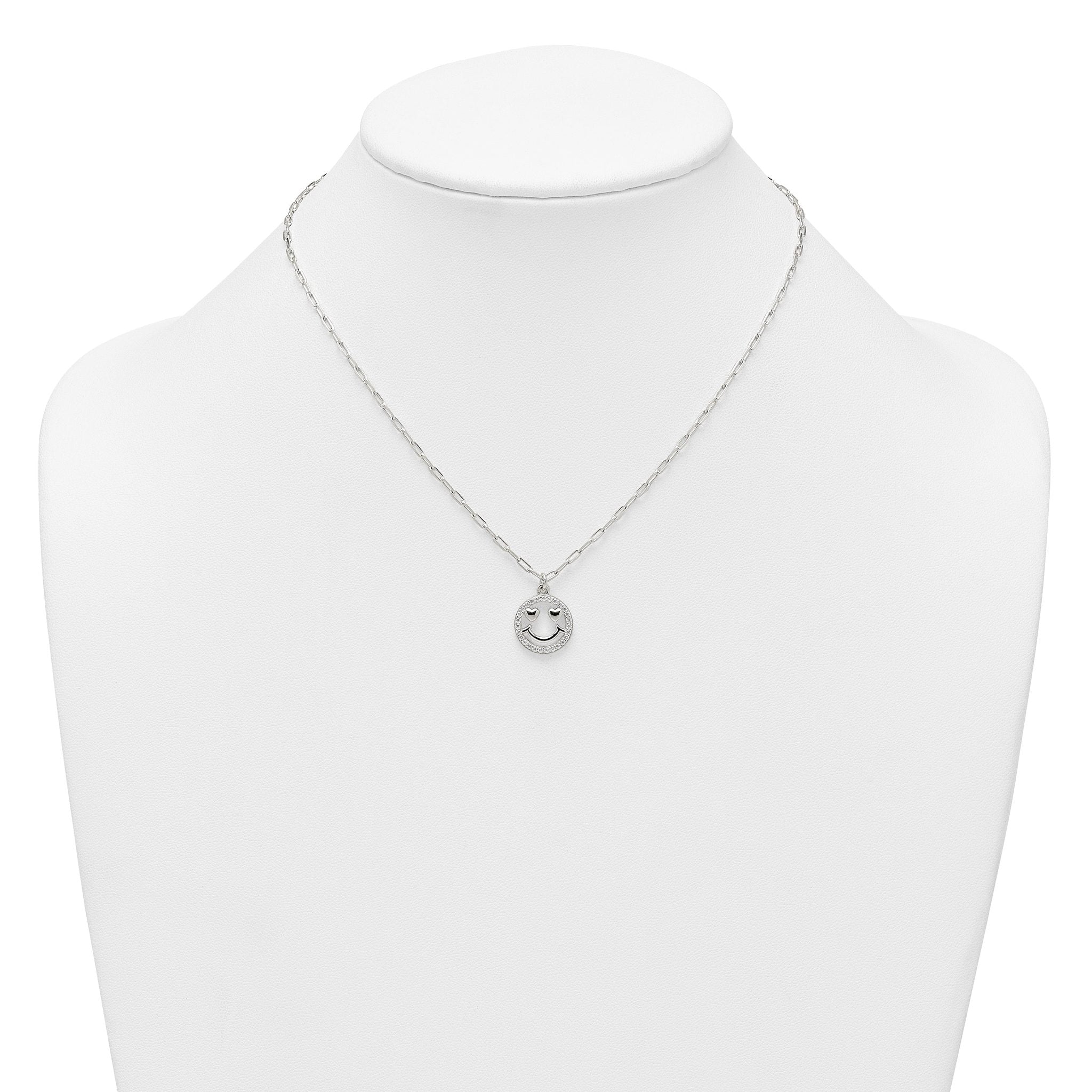 Sterling Silver Polished White CZ Smiley Face with Heart Eyes 16 inch Necklace