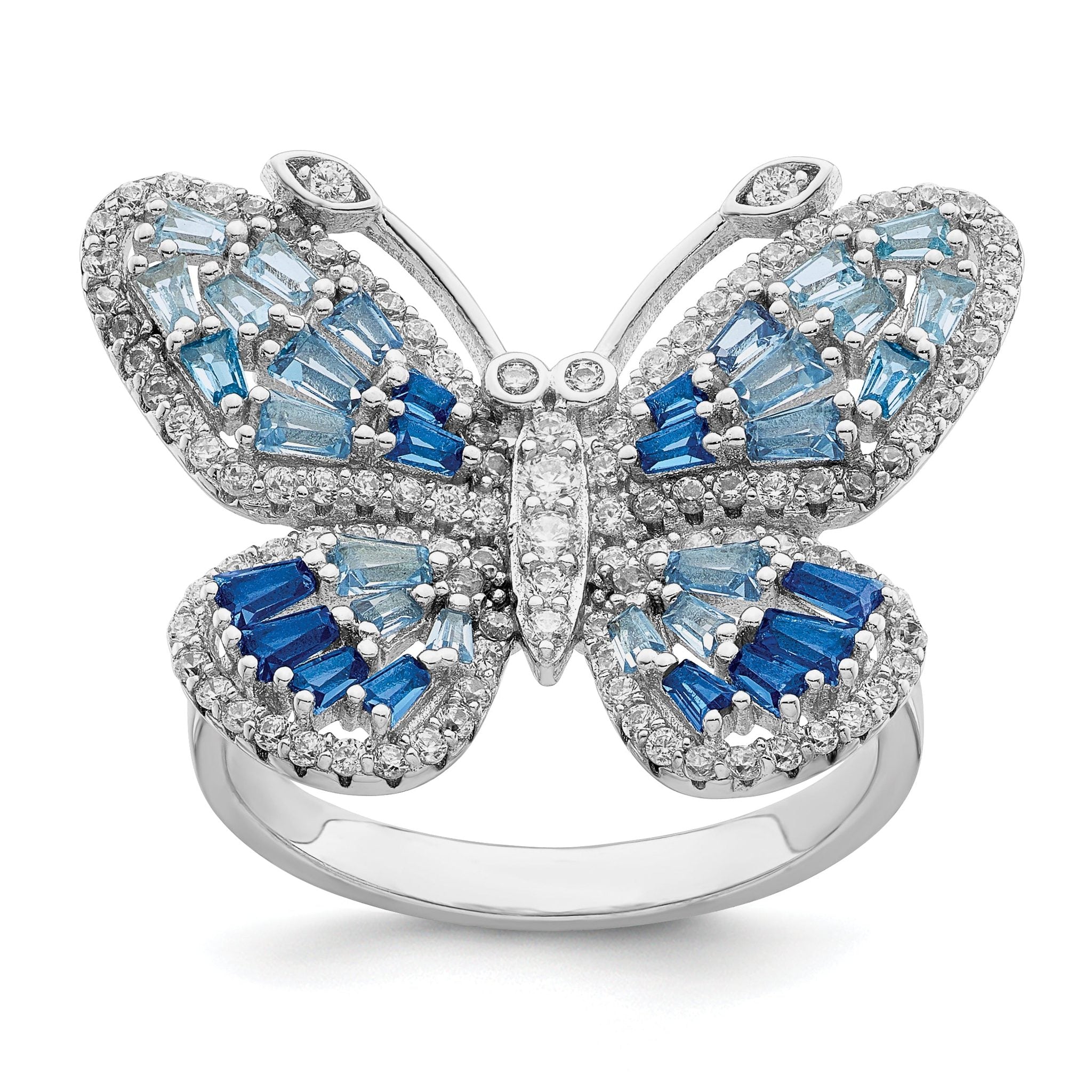 Sterling Silver Rhodium-plated Polished Blue & White CZ Butterfly Ring Main image