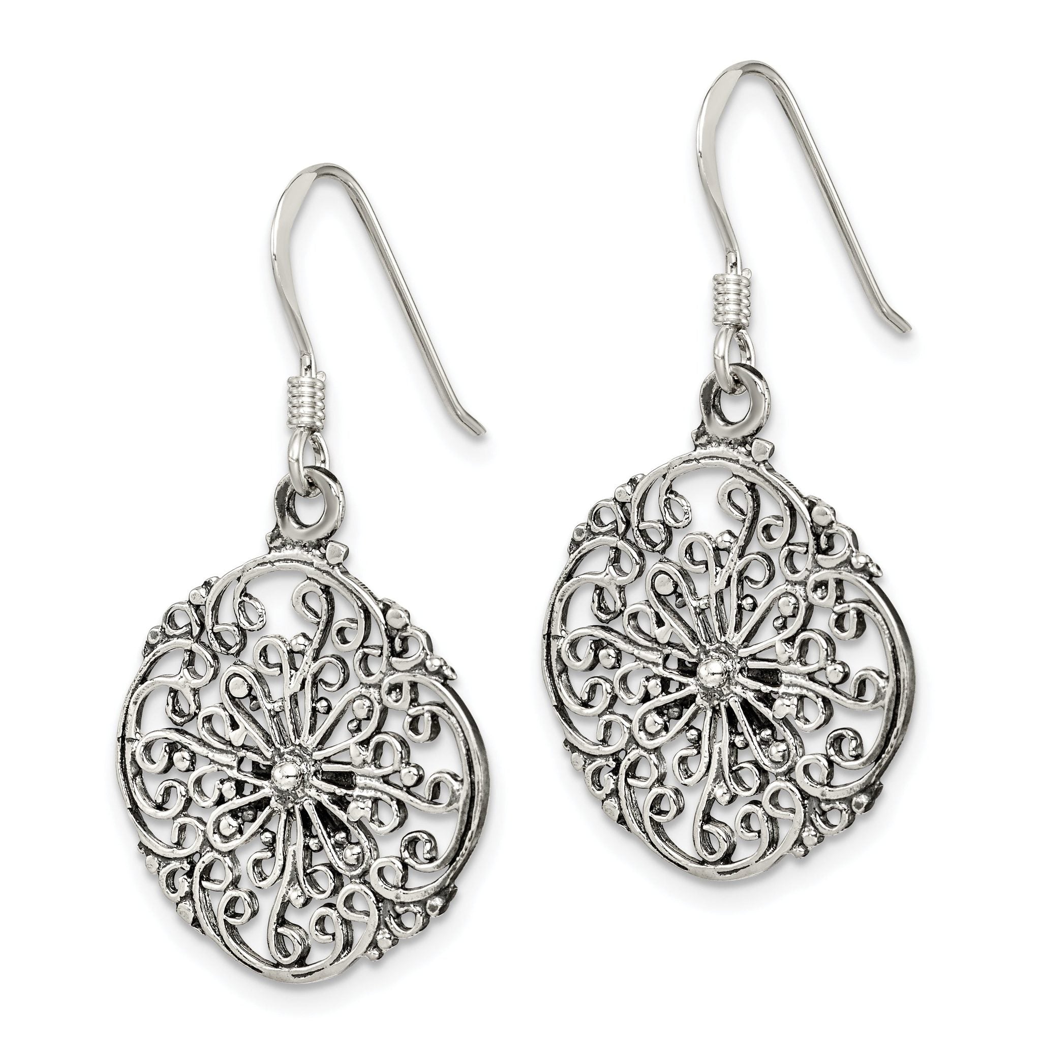 Sterling Silver Polished & Antiqued Filigree Circle Dangle Earrings Secondary image