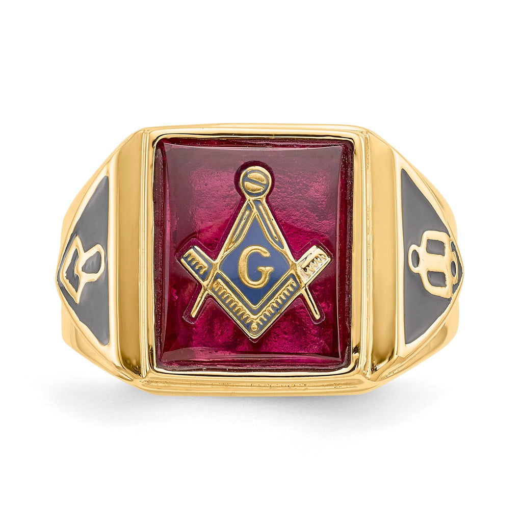 10k Men's Polished and Textured with Black Enamel and Lab Created Ruby Masonic Ring