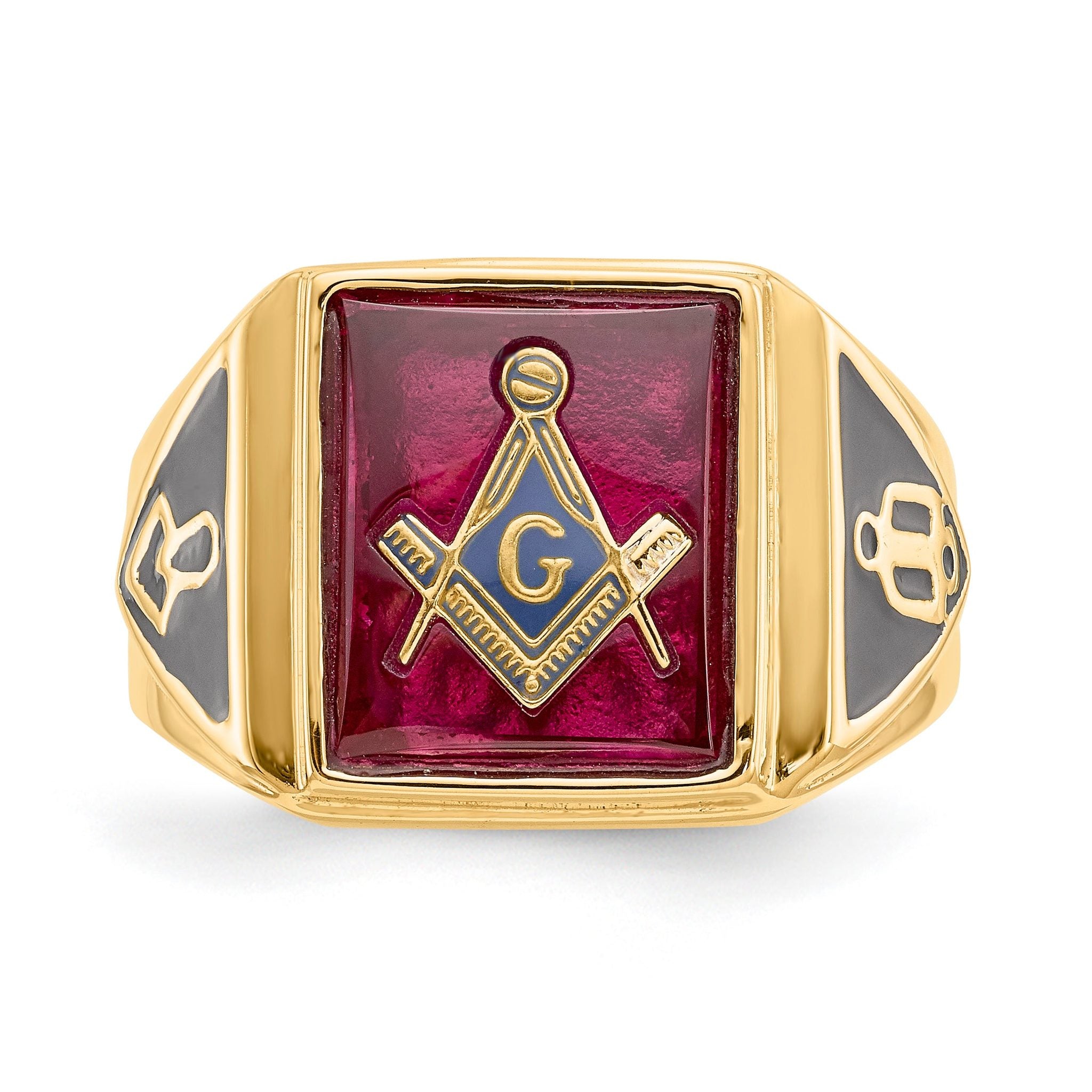 10k Men's Polished and Textured with Black Enamel and Lab Created Ruby Masonic Ring