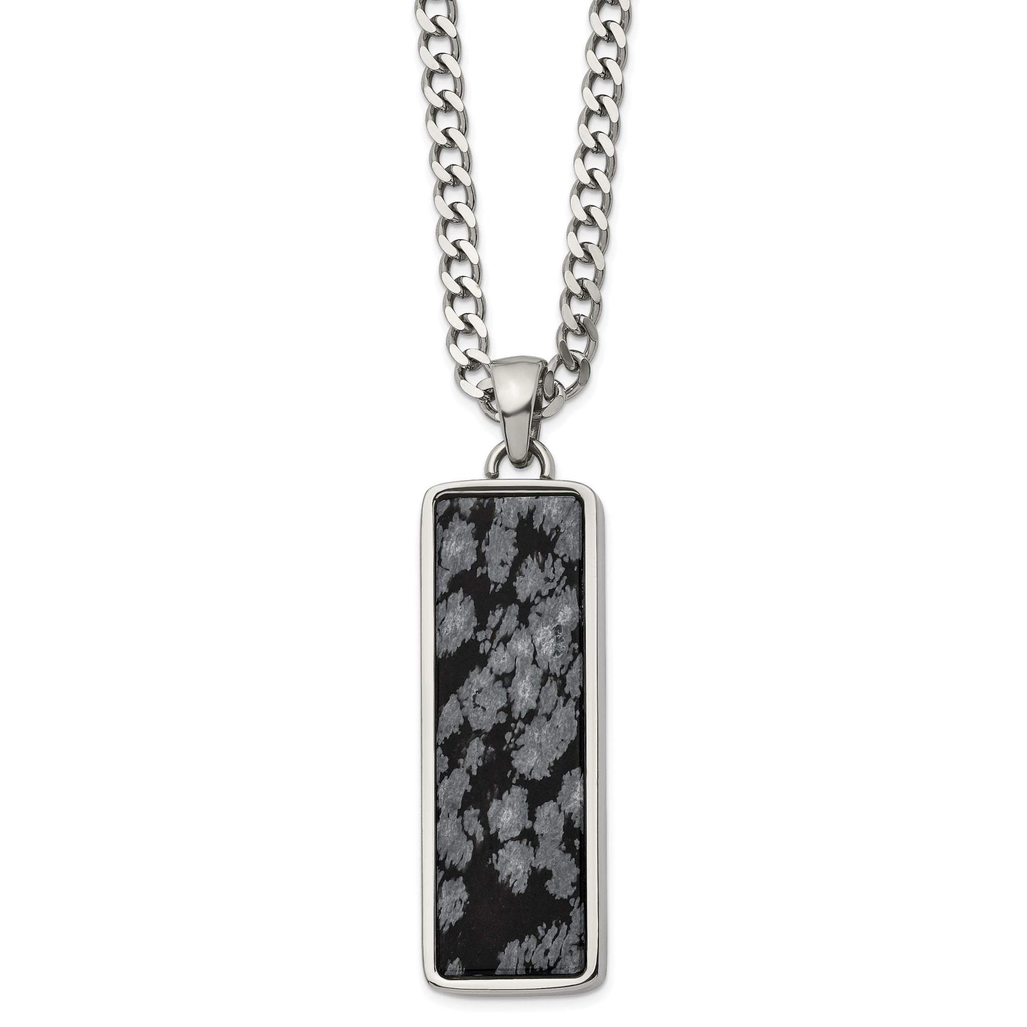 Chisel Stainless Steel Polished with Alabaster Stone Inlay Rectangle Pendant on a 22 inch Curb Chain Necklace Main image