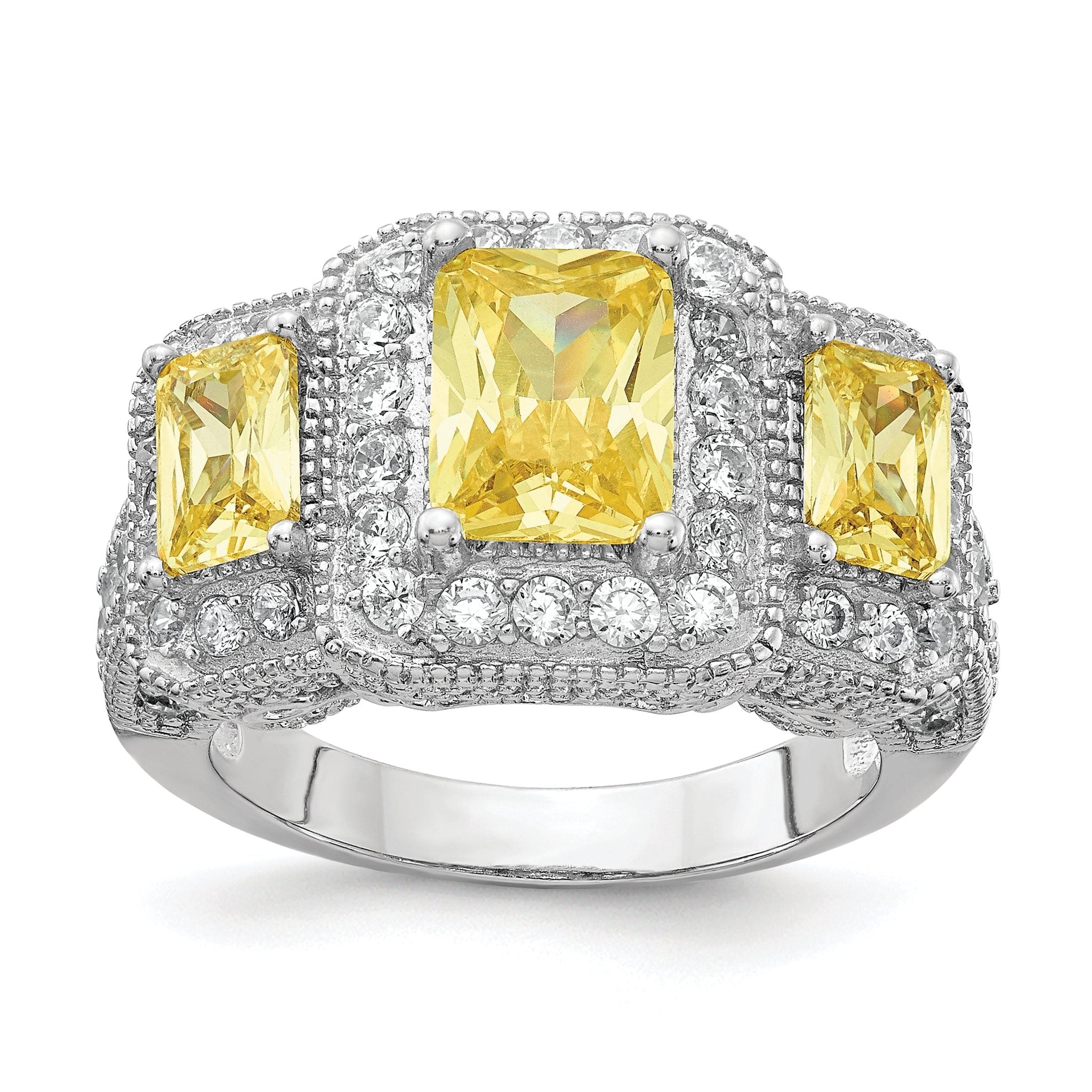 Cheryl M Sterling Silver Rhodium-plated Yellow Radiant-cut and White Brilliant-cut CZ 3 Stone Ring Main image