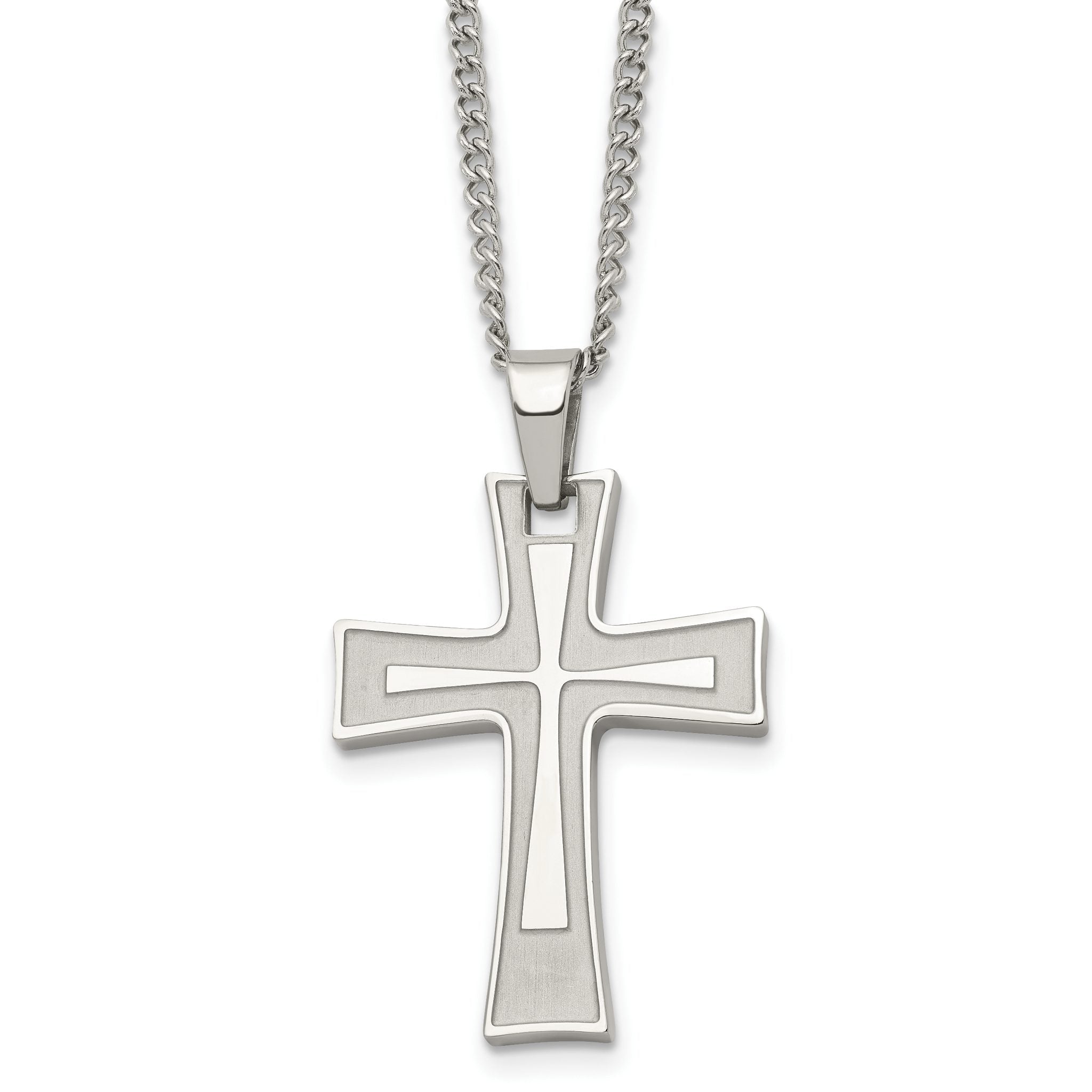 Chisel Stainless Steel Brushed and Polished Cross Pendant on a 24 inch Cable Chain Necklace Main image